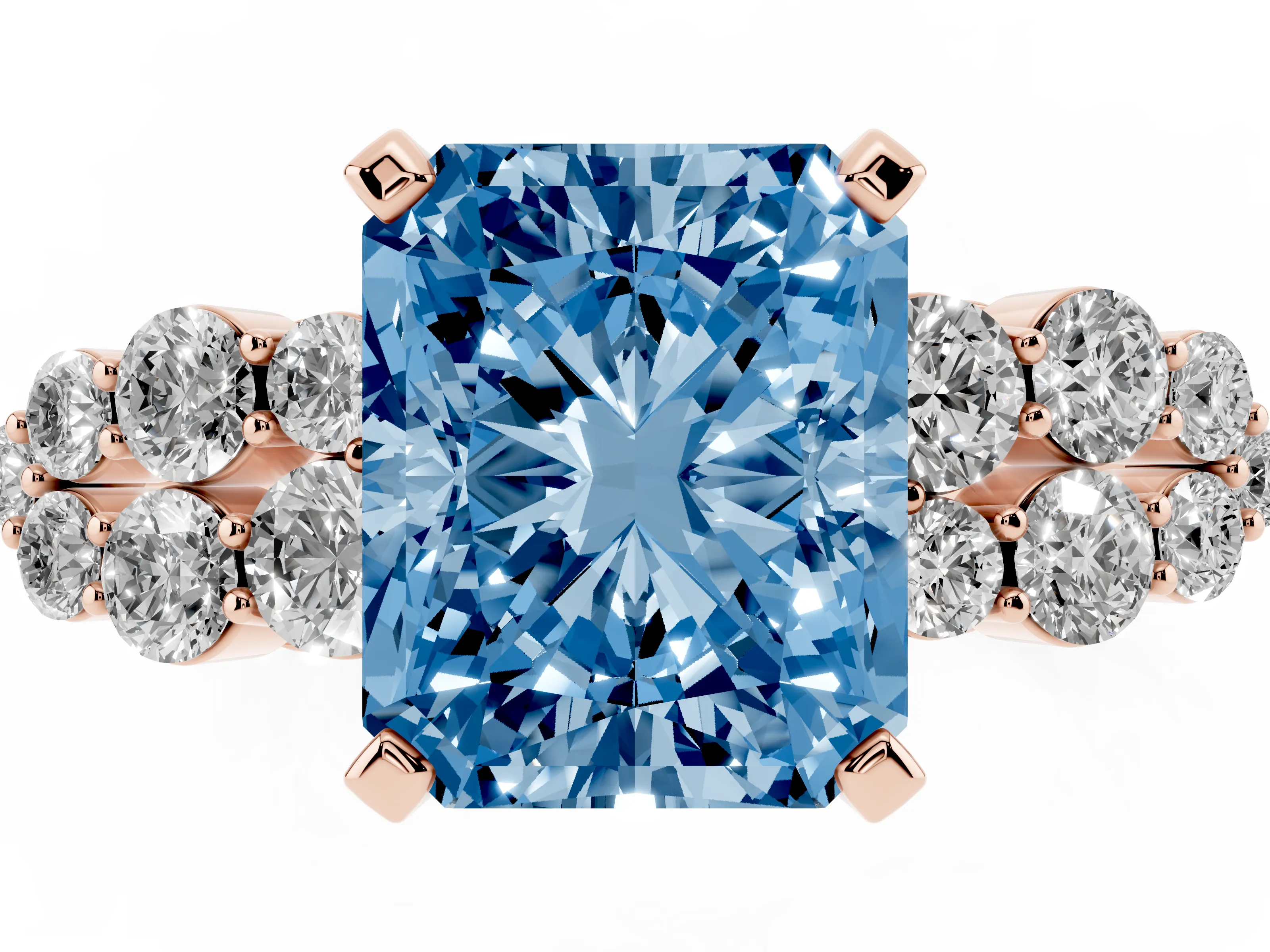 Fancy Blue Radiant Cut Diamond Cluster Engagement Ring Set in Rose gold with Pavé Band and Prong Setting
