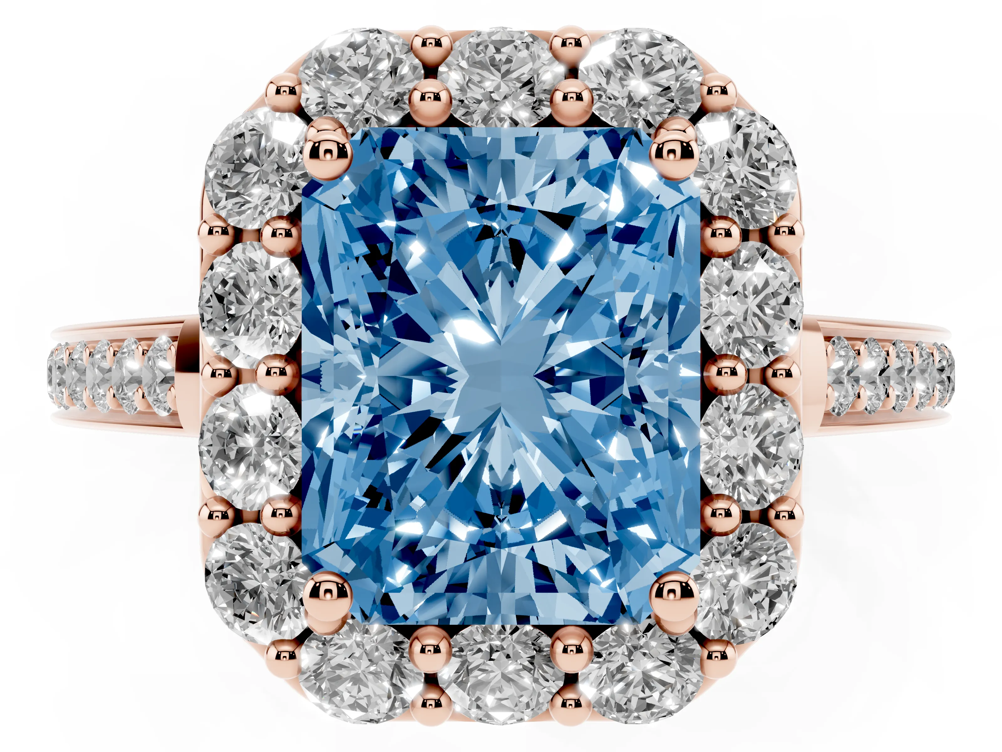 Fancy Blue Radiant Cut Diamond Floral Halo Ring Set in Rose gold with Pavé Band and Prong Setting