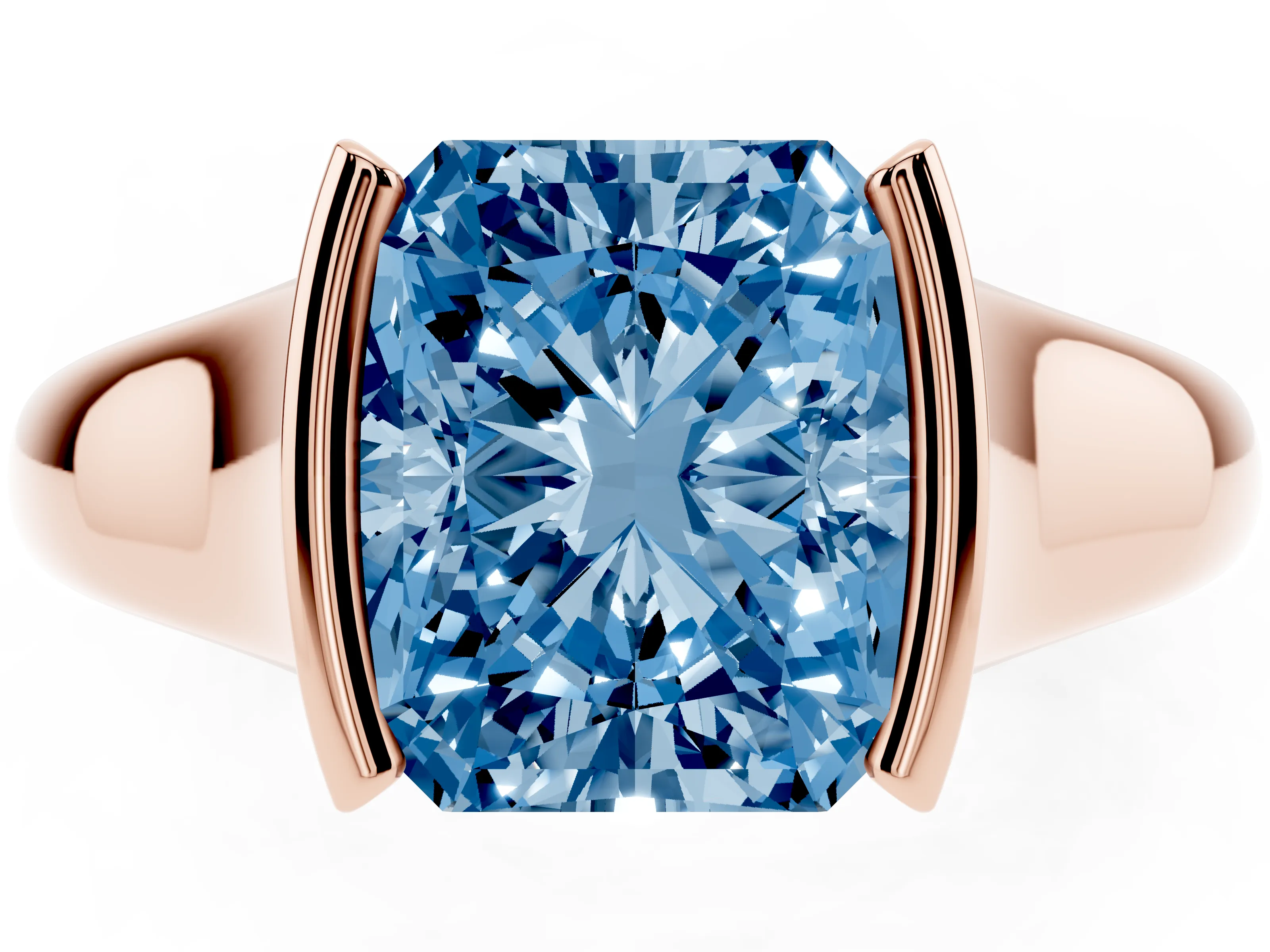 Fancy Blue Radiant Cut Diamond Solitaire Tension Set Ring Set in Rose gold with Split Shank Band