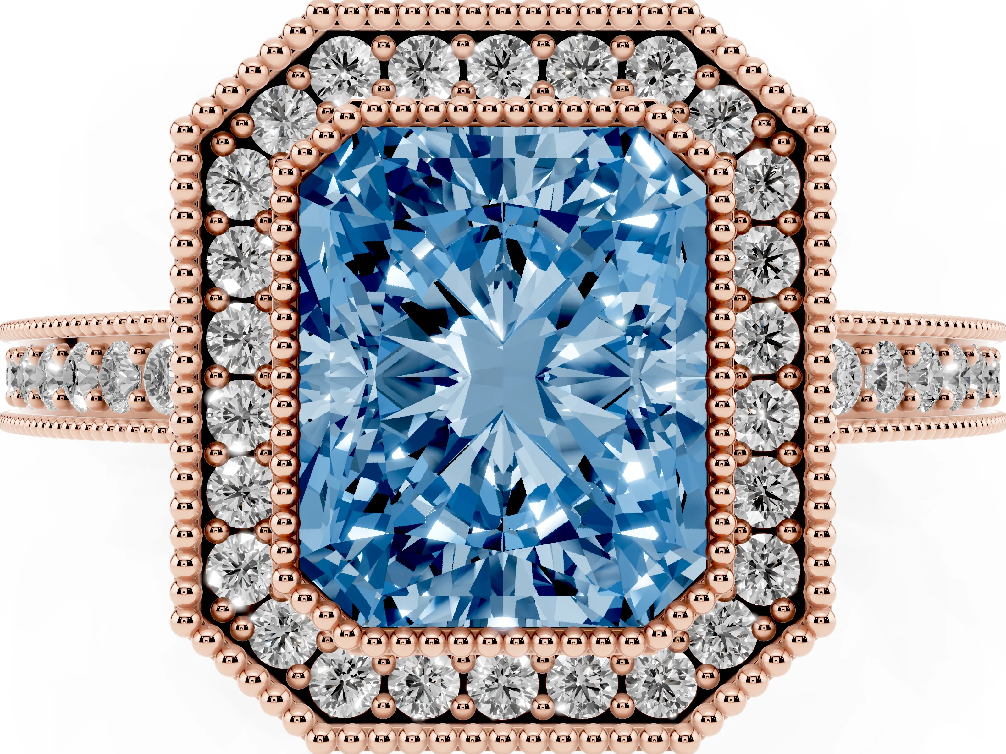 Fancy Blue Radiant Cut Diamond Round Halo Ring Set in Rose gold with Pavé Band
