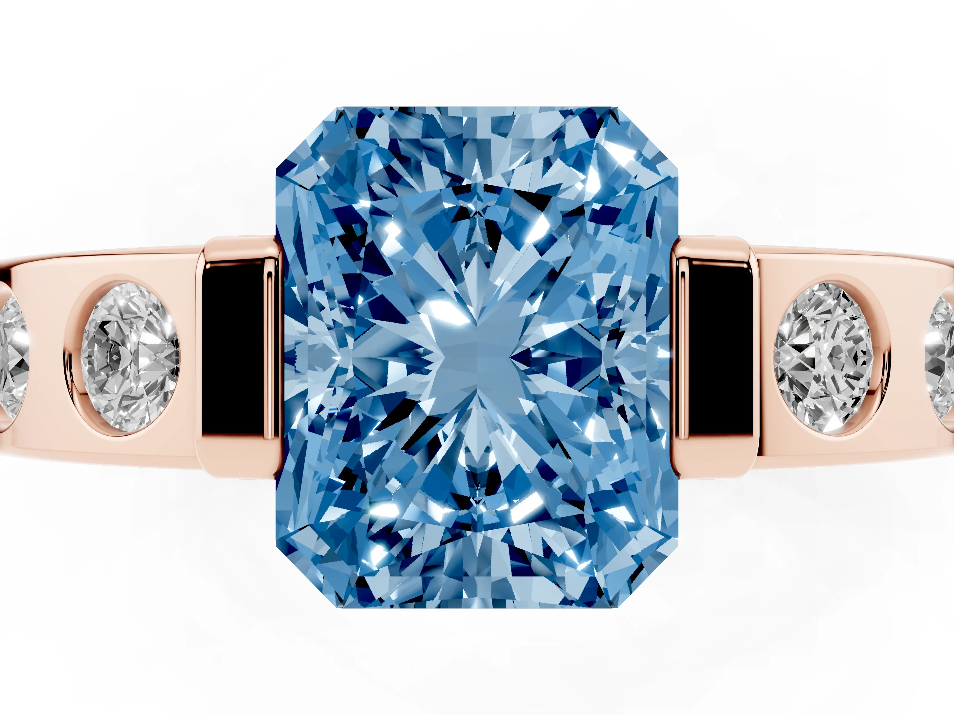 Fancy Blue Radiant Cut Diamond Channel-Set Band Ring Set in Rose gold with Bezel Prong Setting