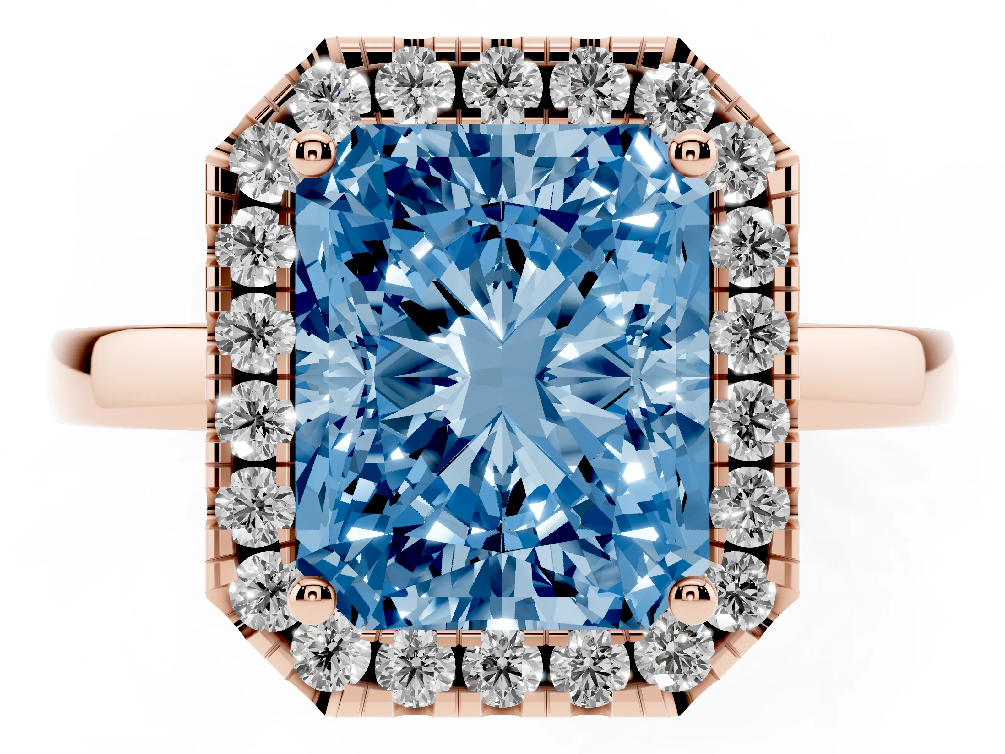 Fancy Blue Radiant Cut Diamond Halo Solitaire Ring Set in Rose gold with Pavé Band and Prong Setting