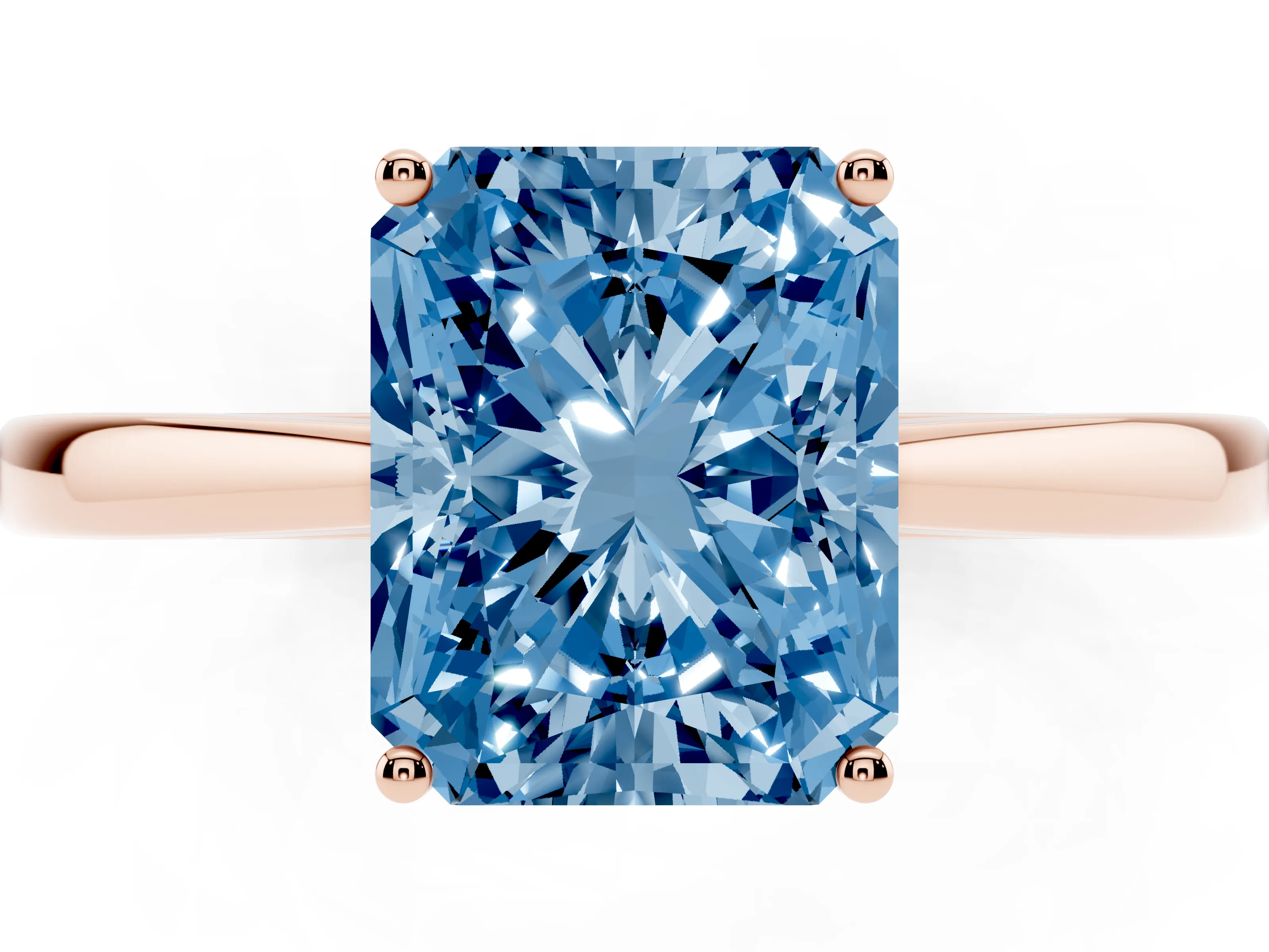 Fancy Blue Radiant Cut Diamond Solitaire Ring Set in Rose gold with Split Shank and Prong Setting