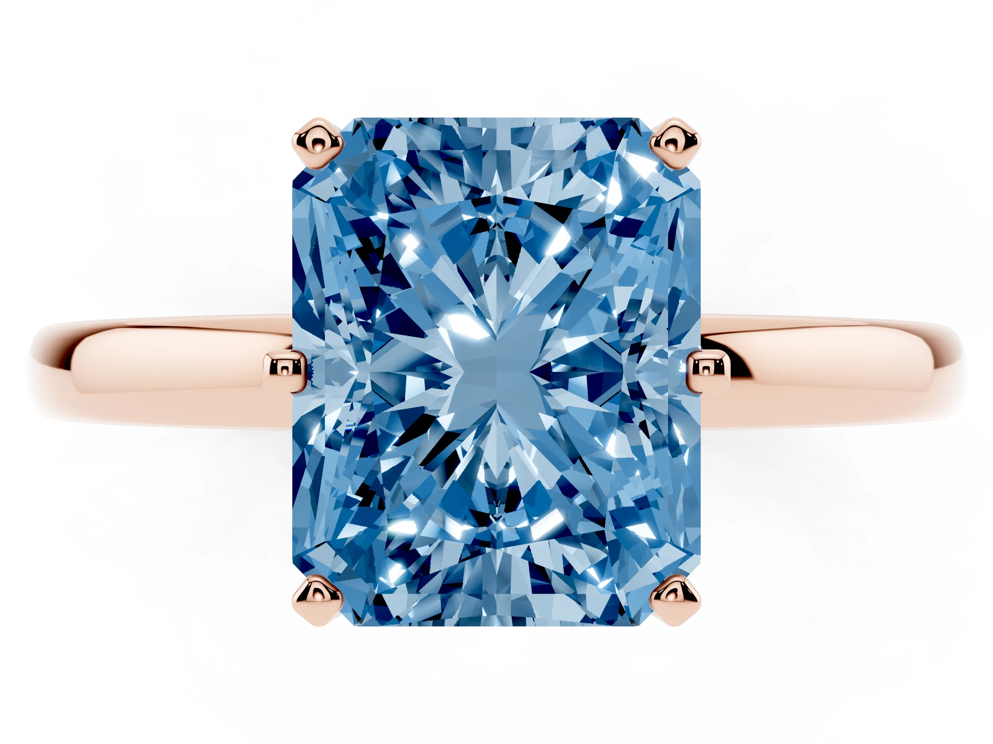 Fancy Blue Radiant Cut Diamond Solitaire Ring Set in Rose gold with Raised Prong Setting on a Classic Band