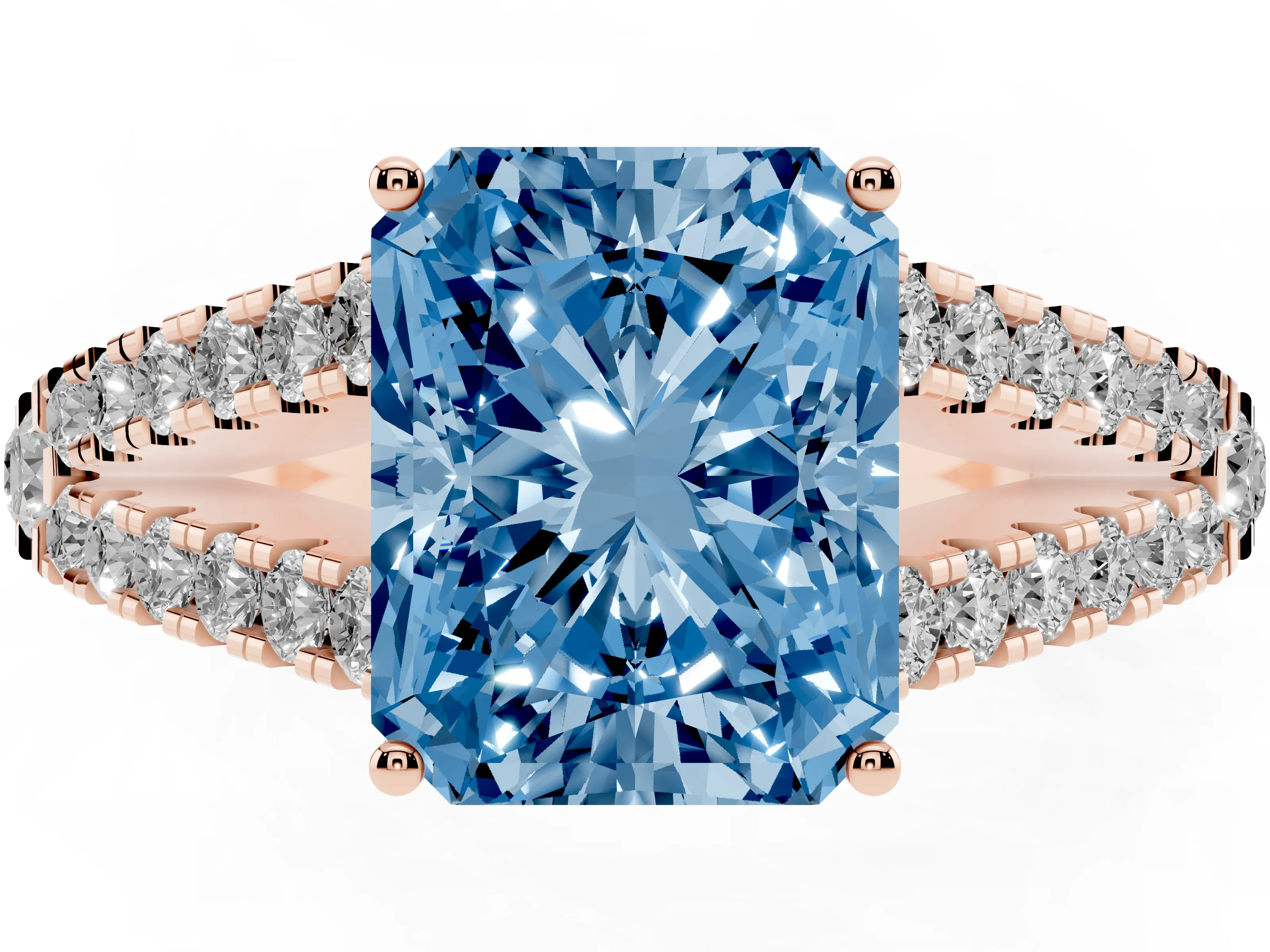 Fancy Blue Radiant Cut Diamond Split Shank Pavé Engagement Ring Set in Rose gold with Prong-Held Center Stone
