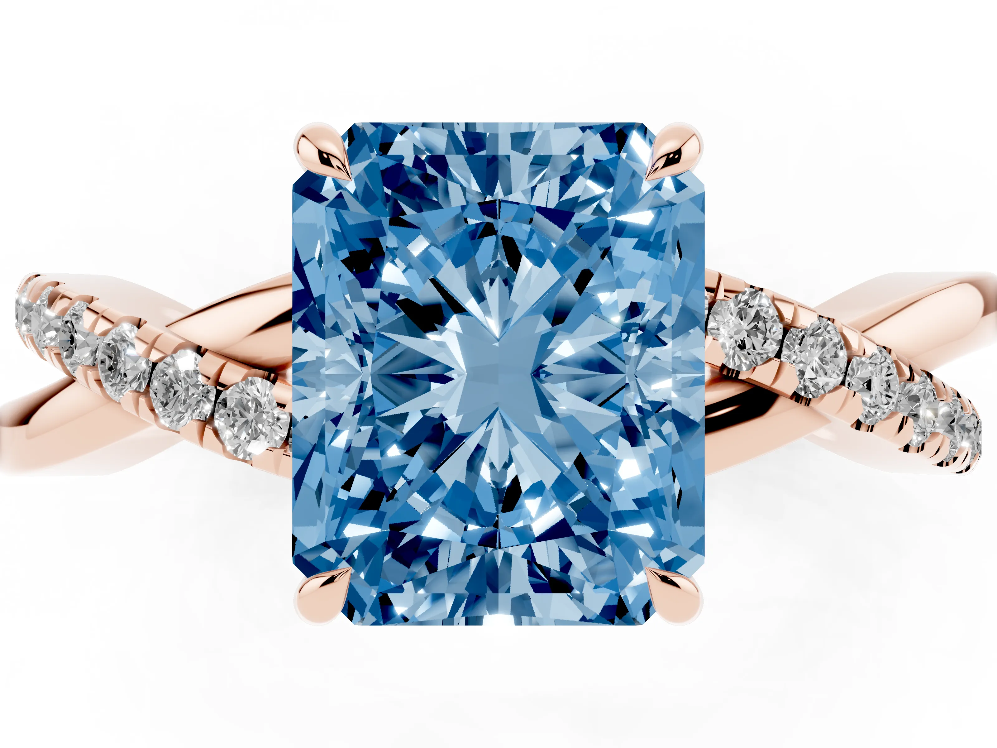 Fancy Blue Radiant Cut Diamond Twisted Pavé Band Ring Set in Rose gold with Prong Setting