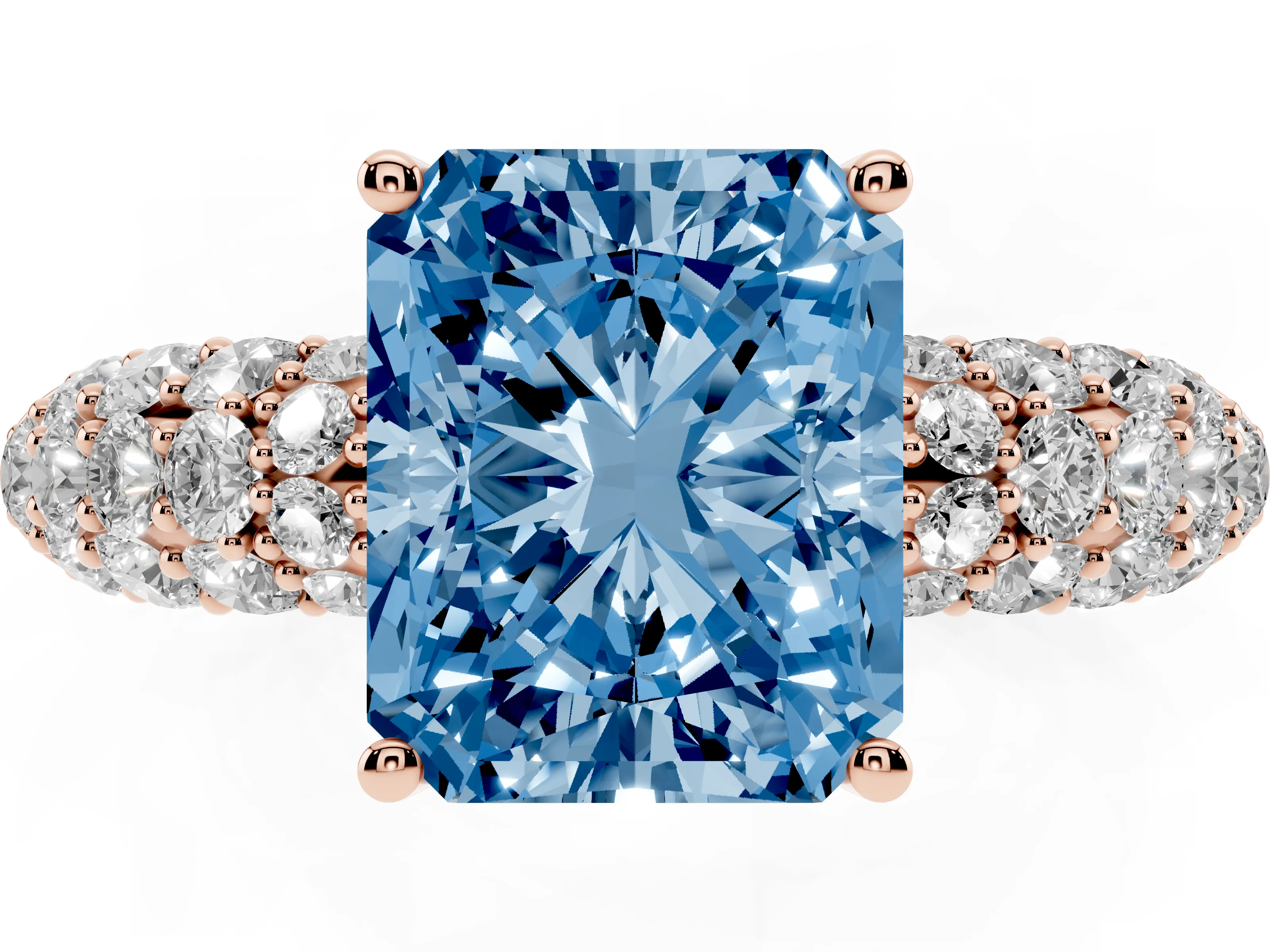 Fancy Blue Radiant Cut Diamond Pavé Band Solitaire Ring Set in Rose gold with Close-Set Accent Stones and Prong Setting