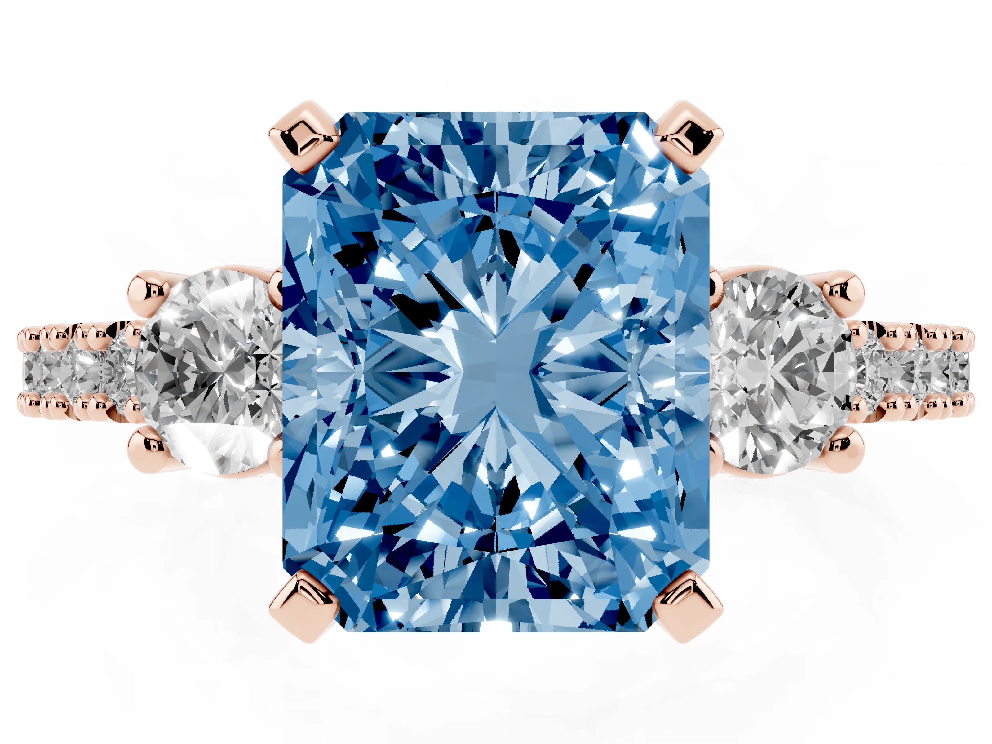 Fancy Blue Three-Stone Radiant Cut Diamond Pavé Band Ring Set in Rose gold with Prong Setting