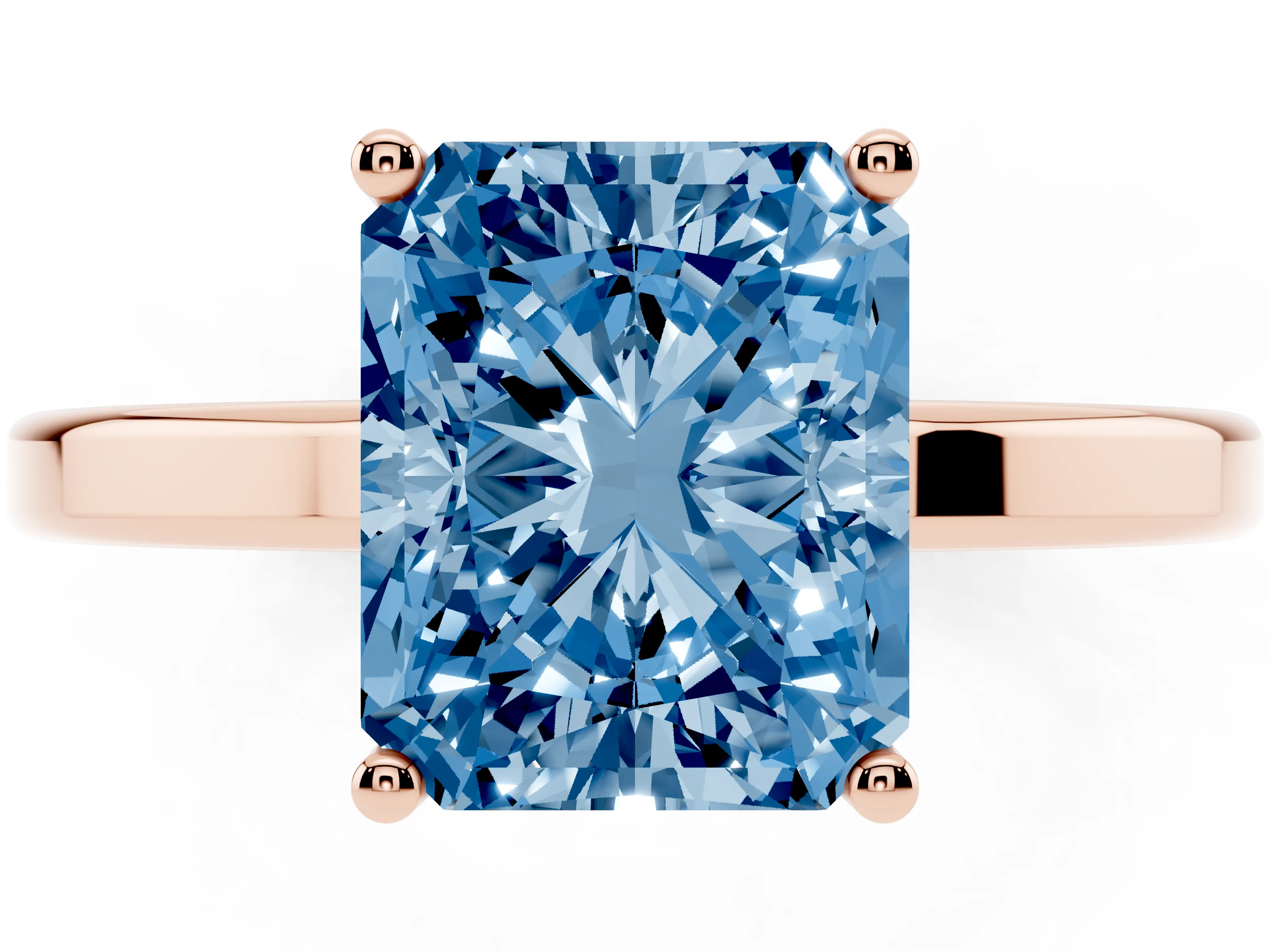 Fancy Blue Radiant Cut Diamond Solitaire Engagement Ring Set in Rose gold with Prong Setting on a Plain Band