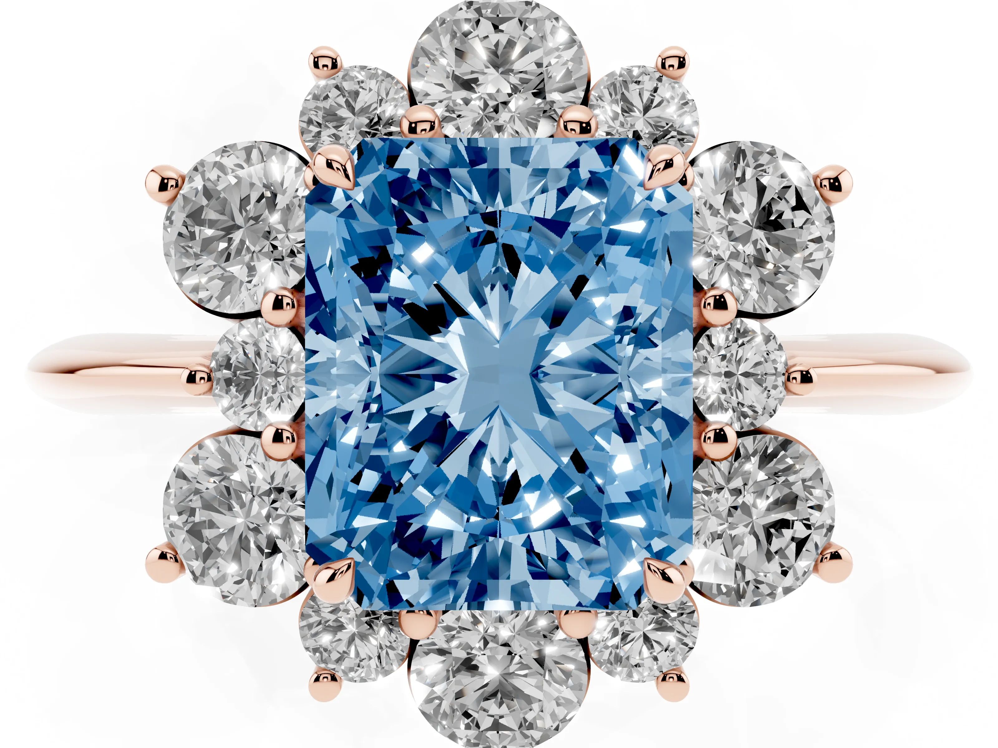 Fancy Blue Radiant Cut Diamond Cluster Halo Ring Set in Rose gold with Solitaire Band and Prong Setting