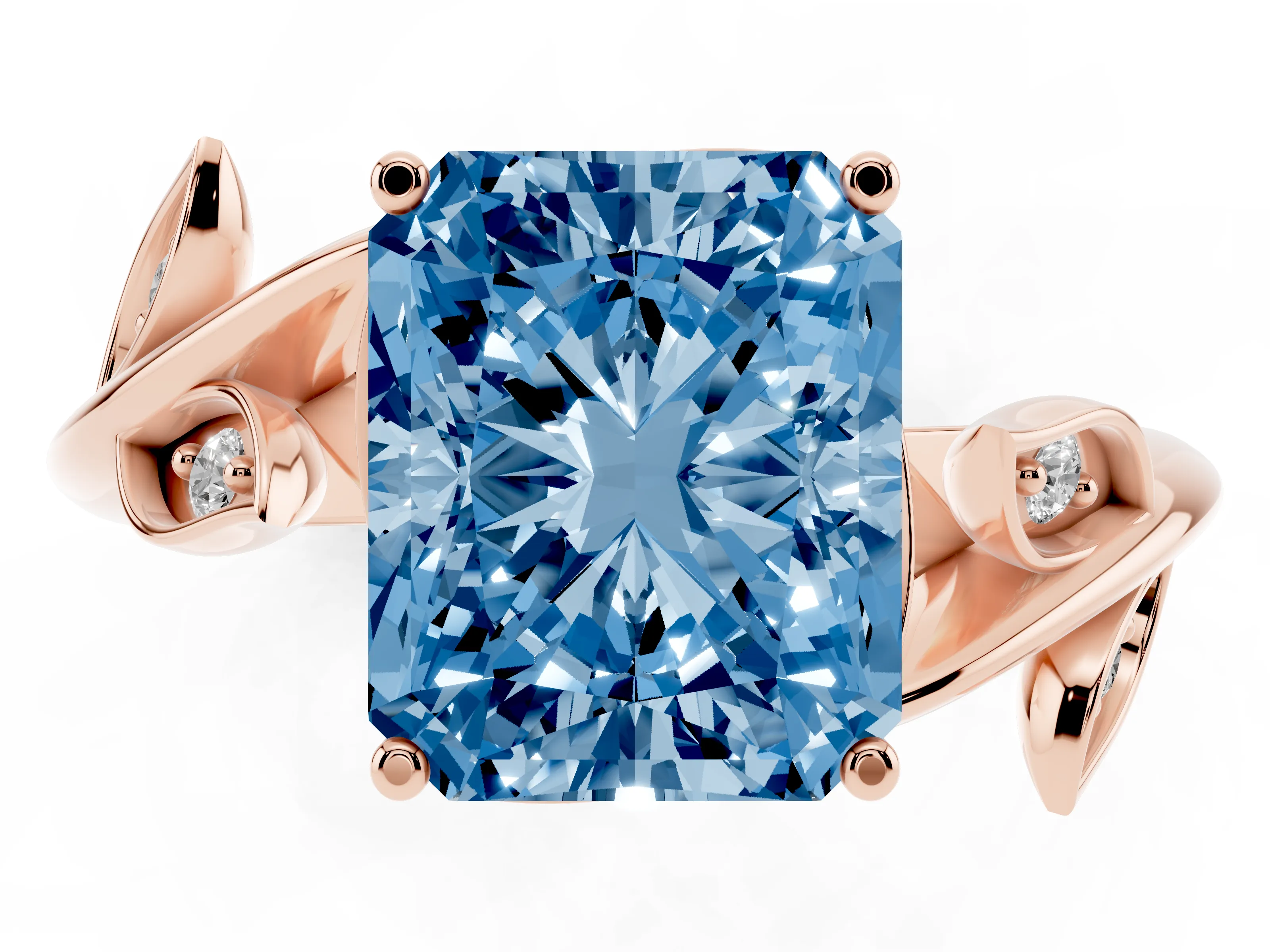 Fancy Blue Radiant Cut Diamond Solitaire Twist Engagement Ring Set in Rose gold with Pavé Leaf Accents