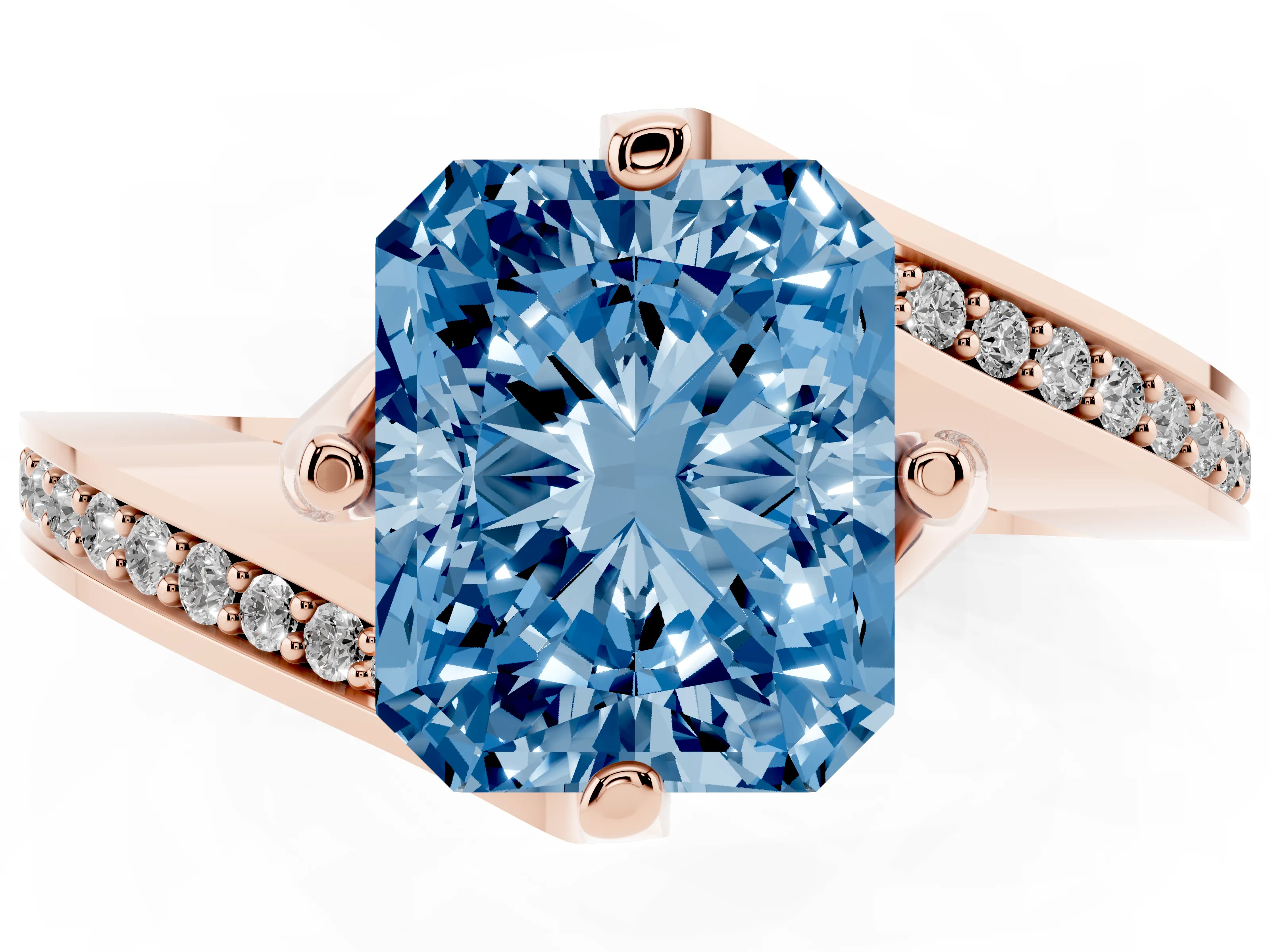 Fancy Blue Radiant Cut Diamond Solitaire Ring Set in Rose gold with Intertwined Pavé Twist Band