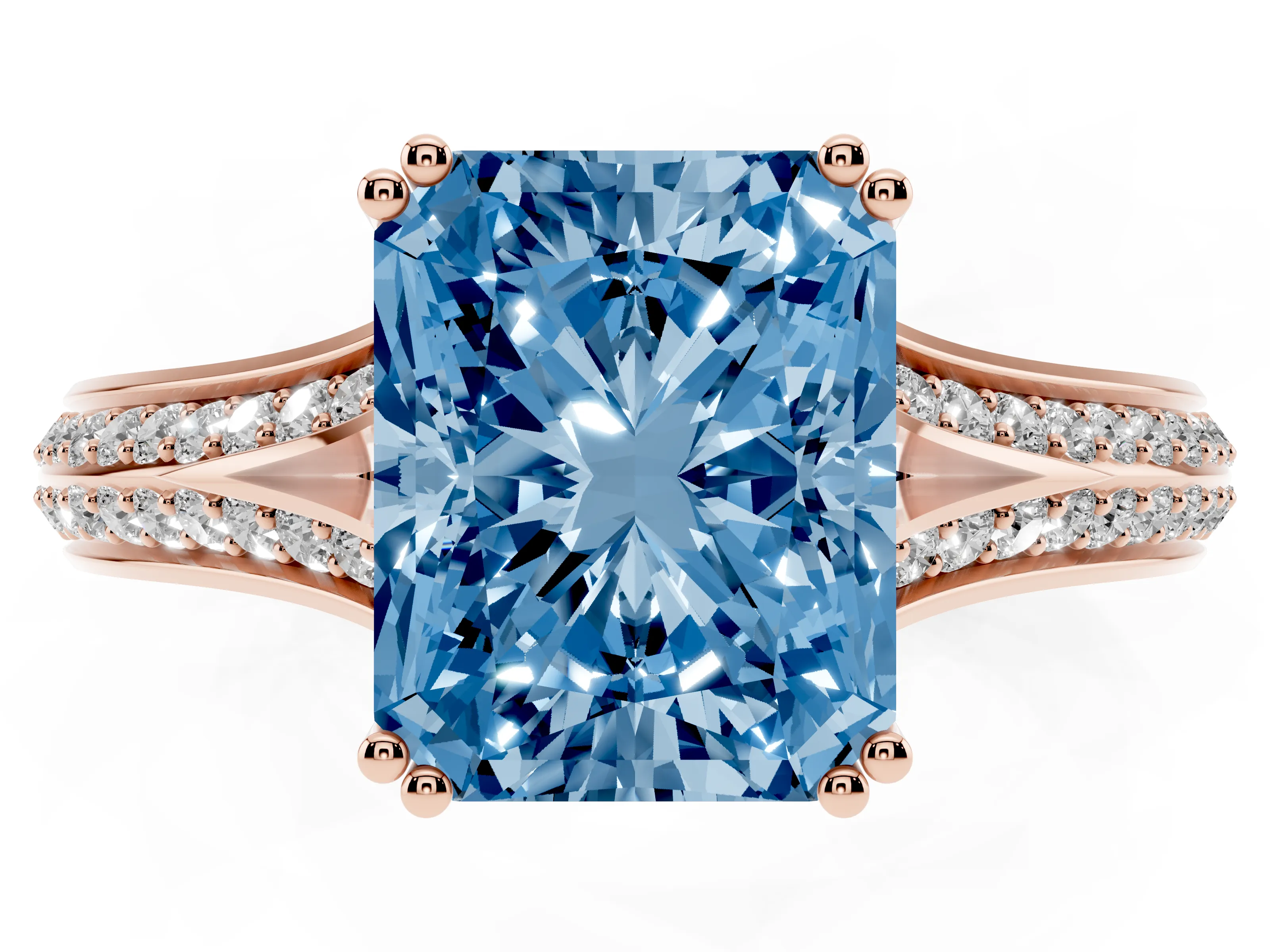 Fancy Blue Radiant Cut Diamond Split Shank Pavé Engagement Ring Set in Rose gold with Prong-Set Center Stone