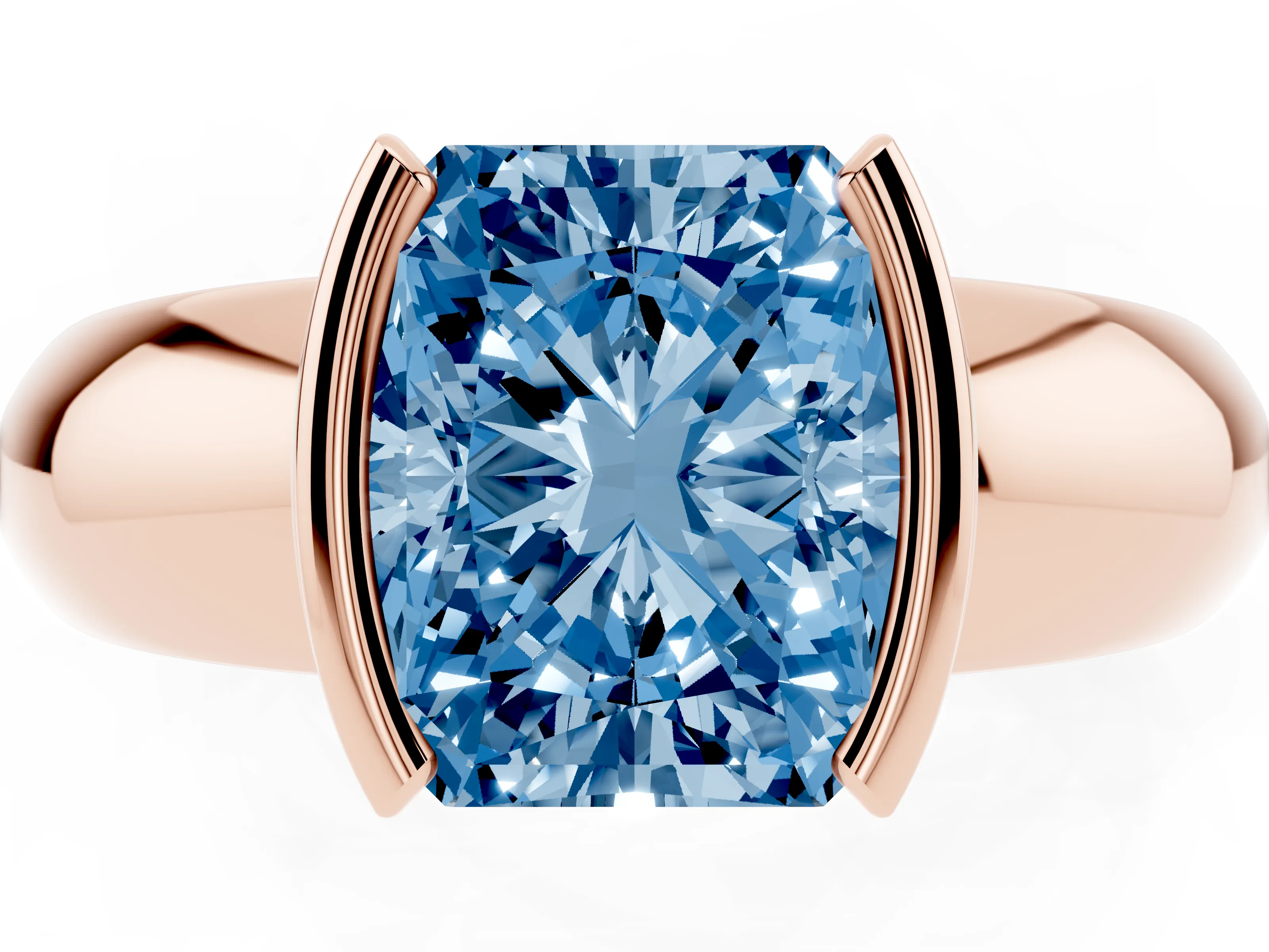 Fancy Blue Radiant Cut Diamond Solitaire Tension Set Ring Set in Rose gold with Wide Band