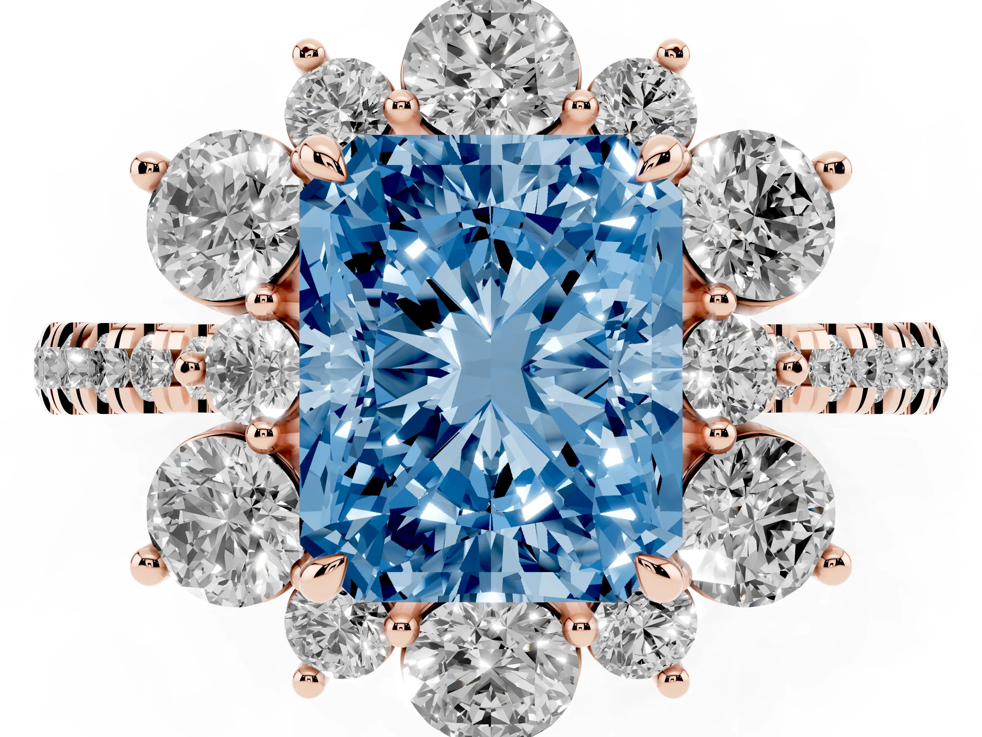 Fancy Blue Radiant Cut Diamond Floral Halo Ring Set in Rose gold with Round Pavé Band and Prong Setting