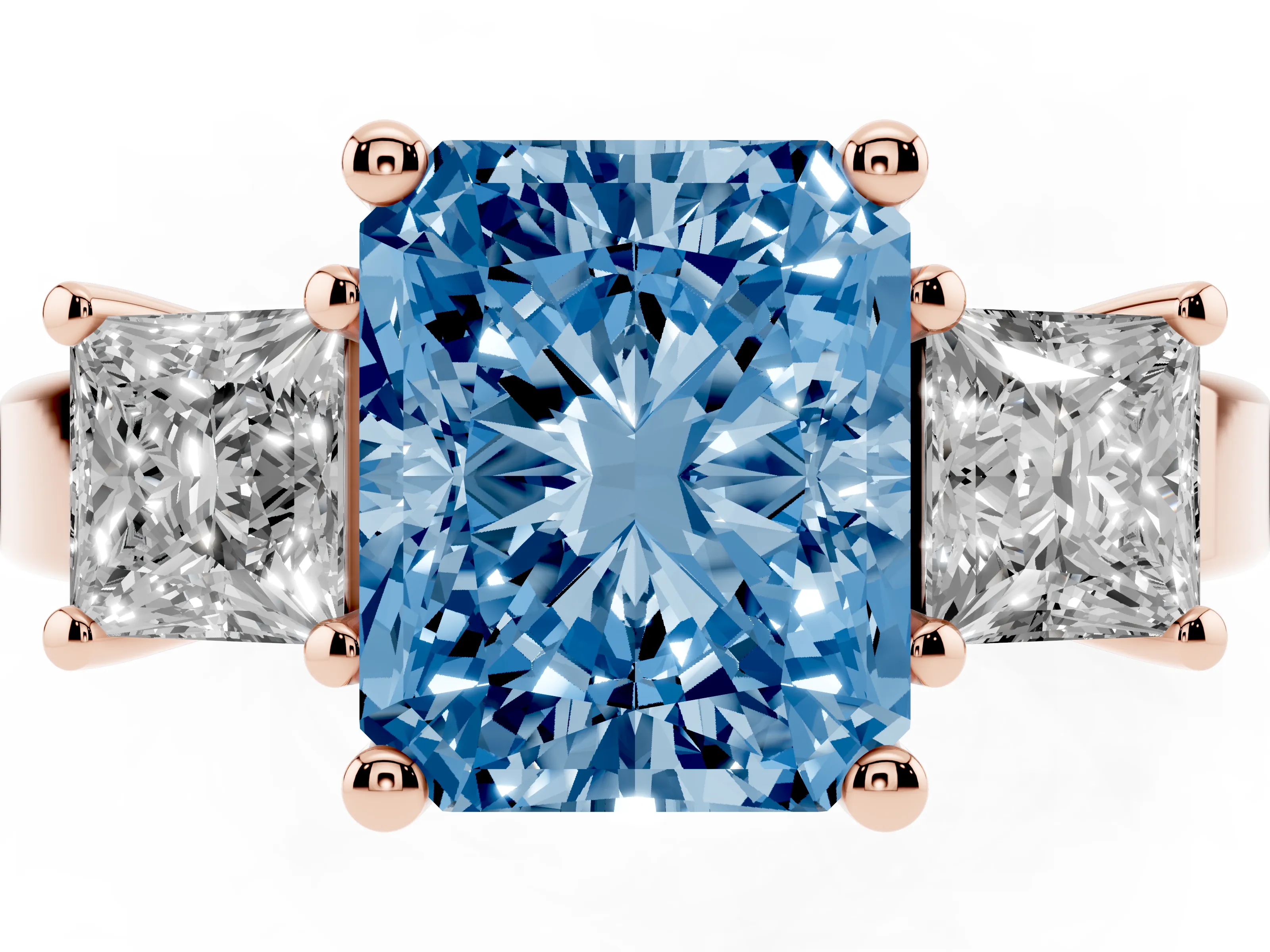 Fancy Blue Three-Stone Radiant Cut Diamond Solitaire Ring Set in Rose gold with Prong Setting