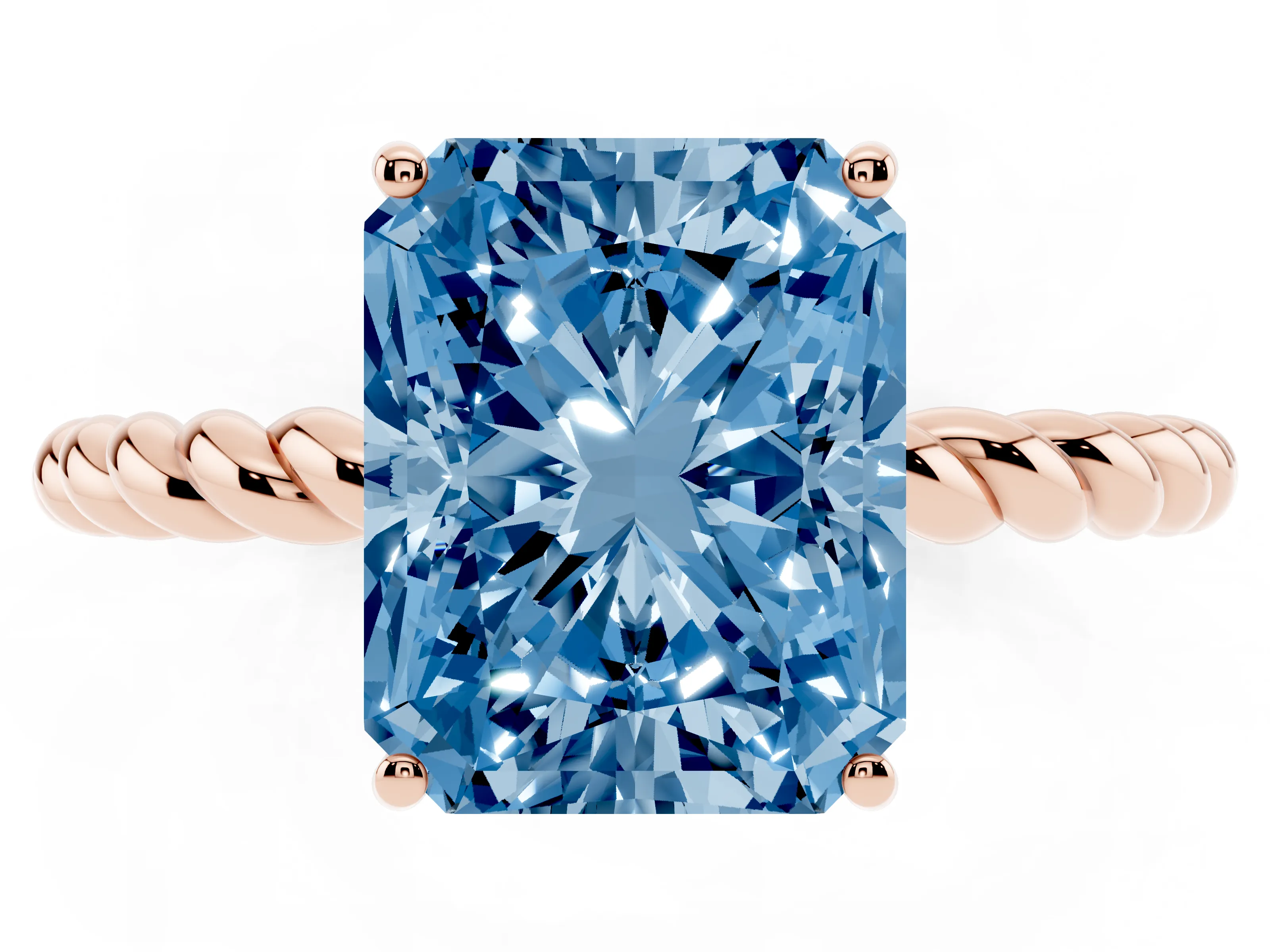 Fancy Blue Radiant Cut Diamond Solitaire Ring Set in Rose gold with Twist Band and Prong Setting