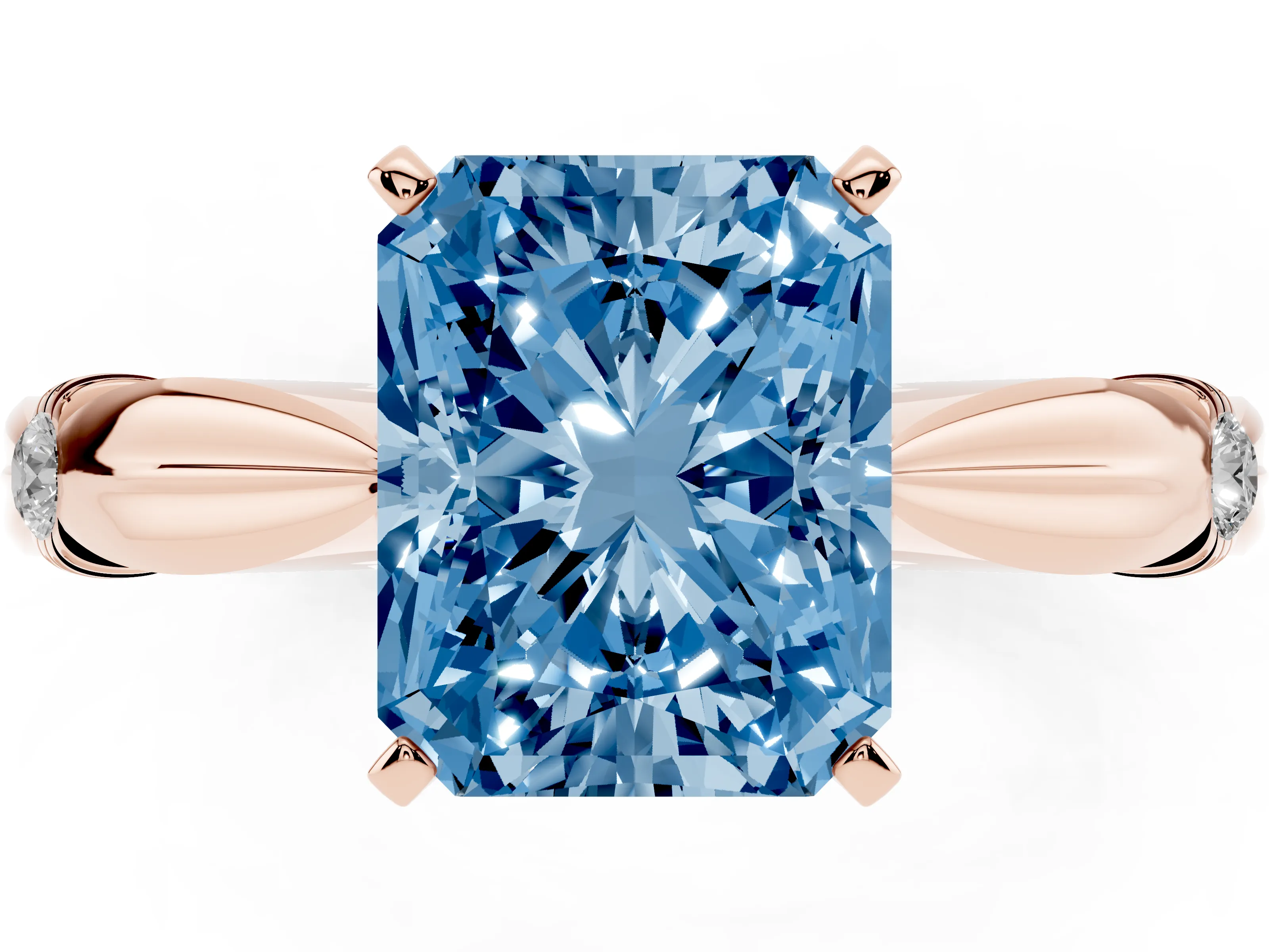 Fancy Blue Radiant Cut Diamond Solitaire Twisted Band Ring Set in Rose gold with Accent Stones and Prong Setting