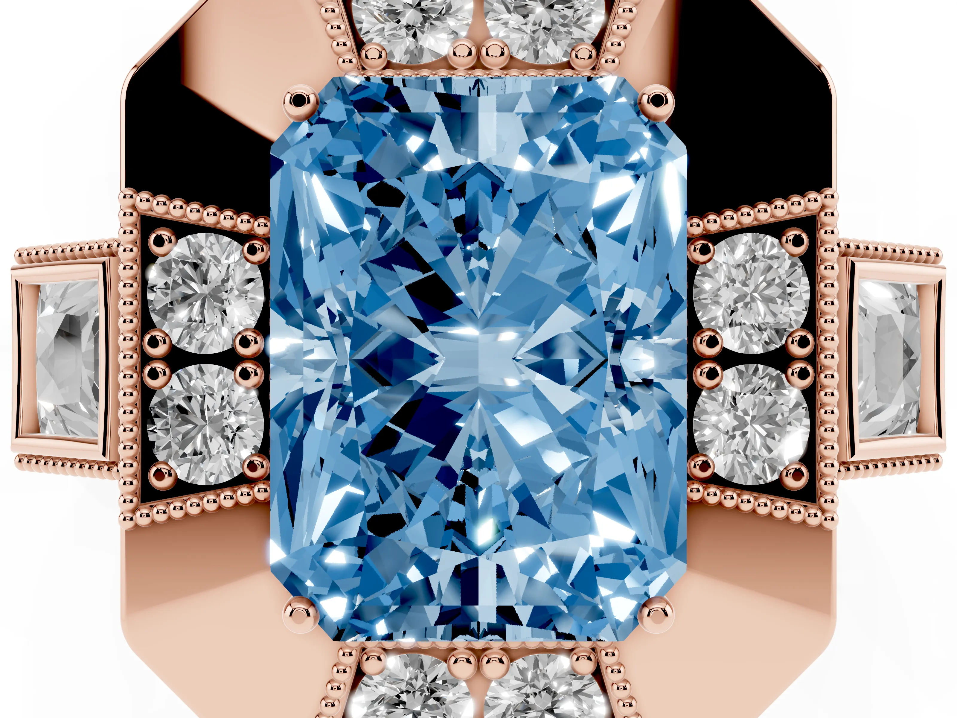 Fancy Blue Radiant Cut Diamond Milgrain Halo Ring Set in Rose gold with Split Shank