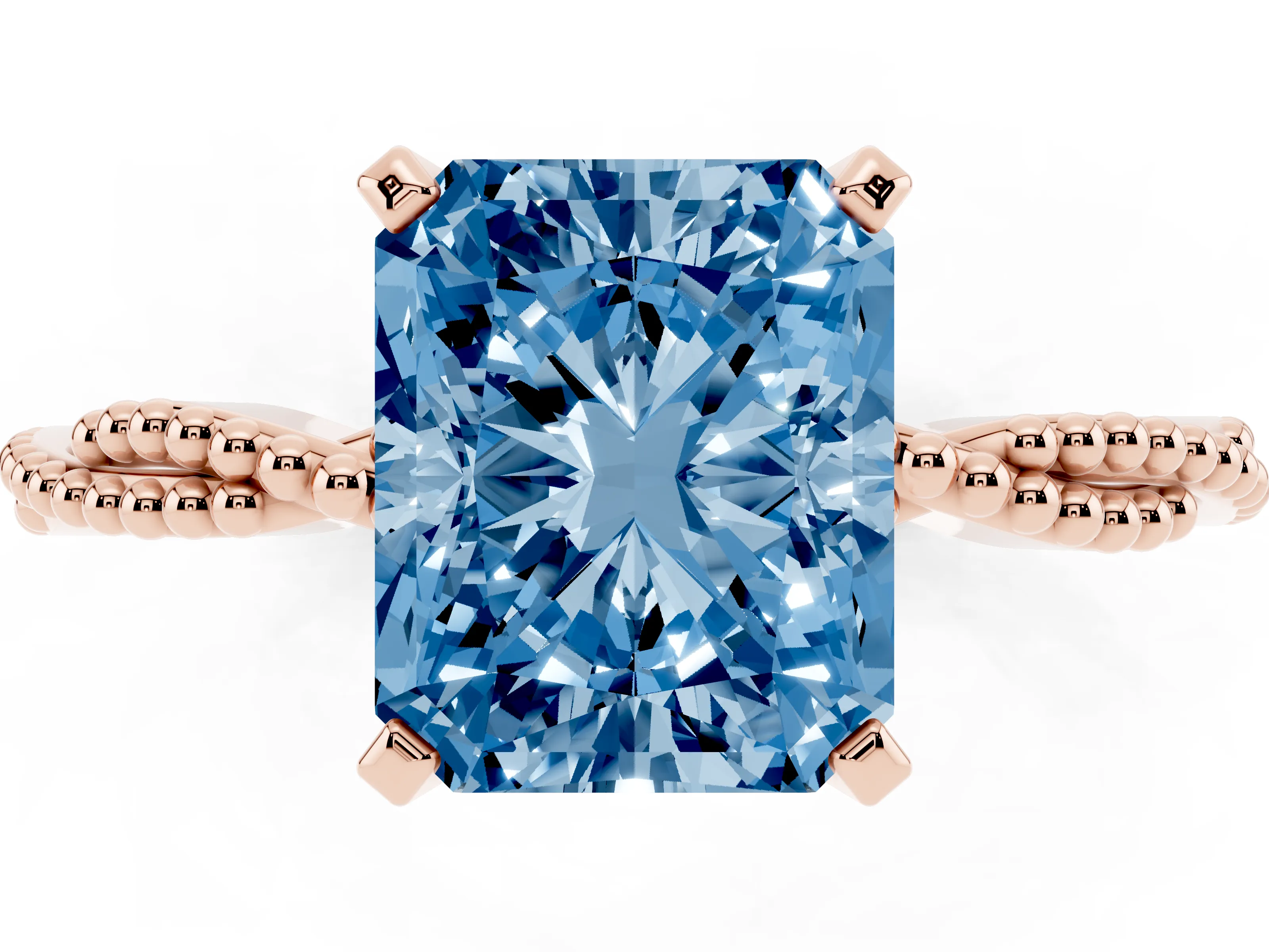 Fancy Blue Radiant Cut Diamond Solitaire Ring Set in Rose gold with Twisted Band and Bead Prong Setting