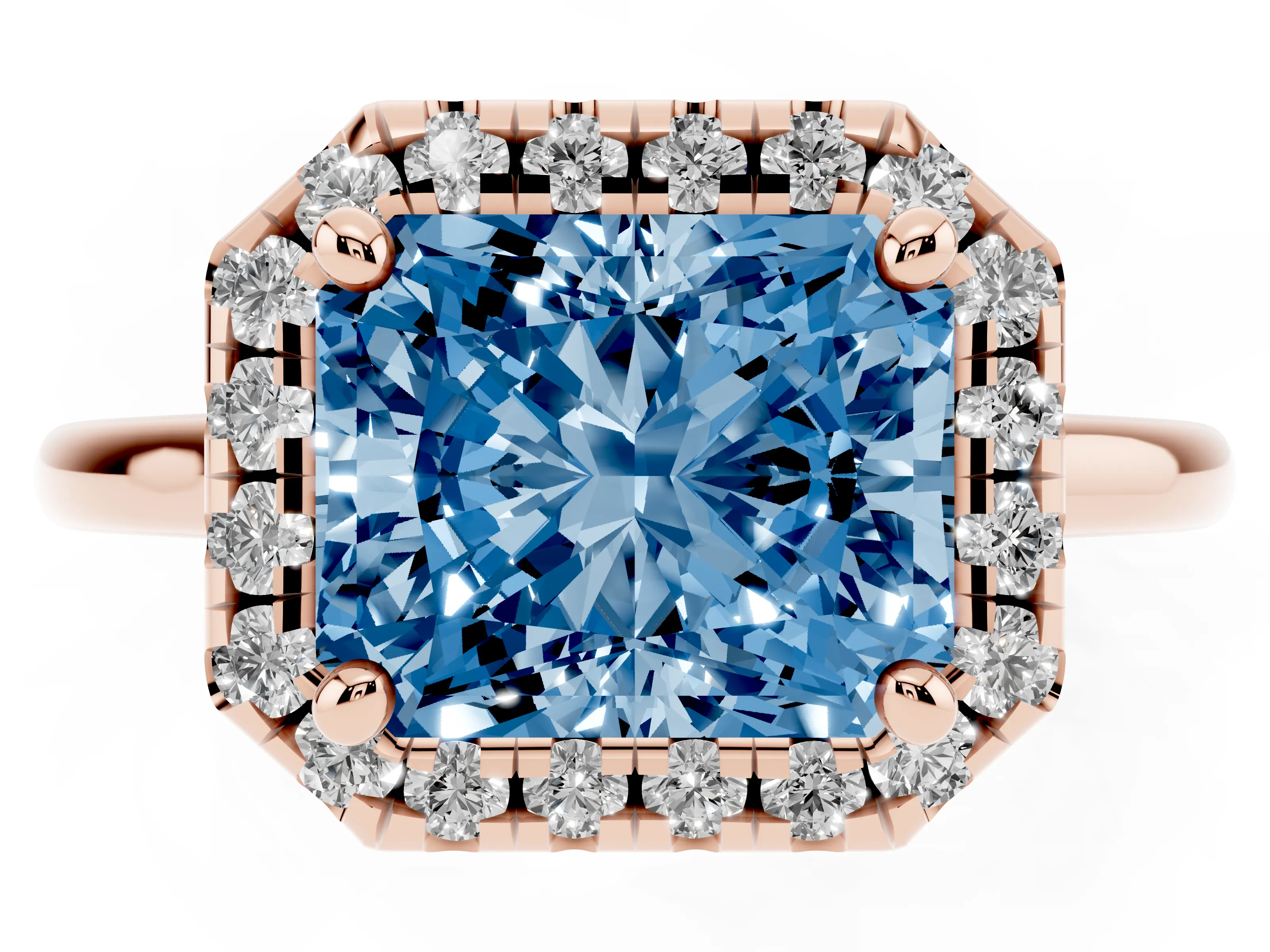 Fancy Blue Radiant Cut Diamond Halo Engagement Ring Set in Rose gold with Pavé Band and Rising Shoulders