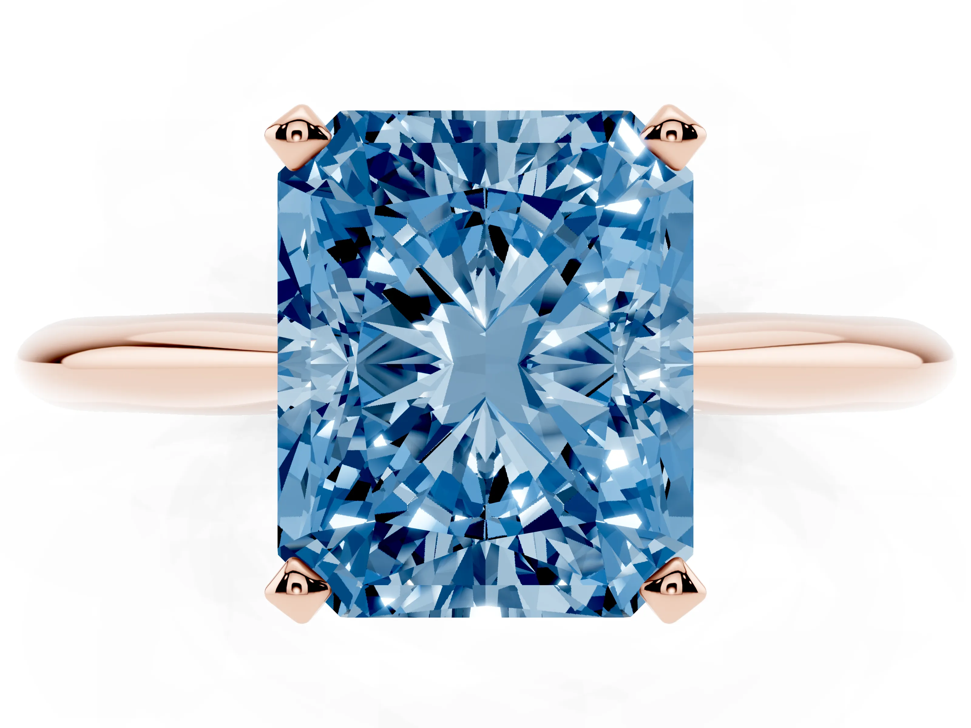 Fancy Blue Radiant Cut Diamond Solitaire Ring Set in Rose gold with Prong Setting on a Plain Round Band