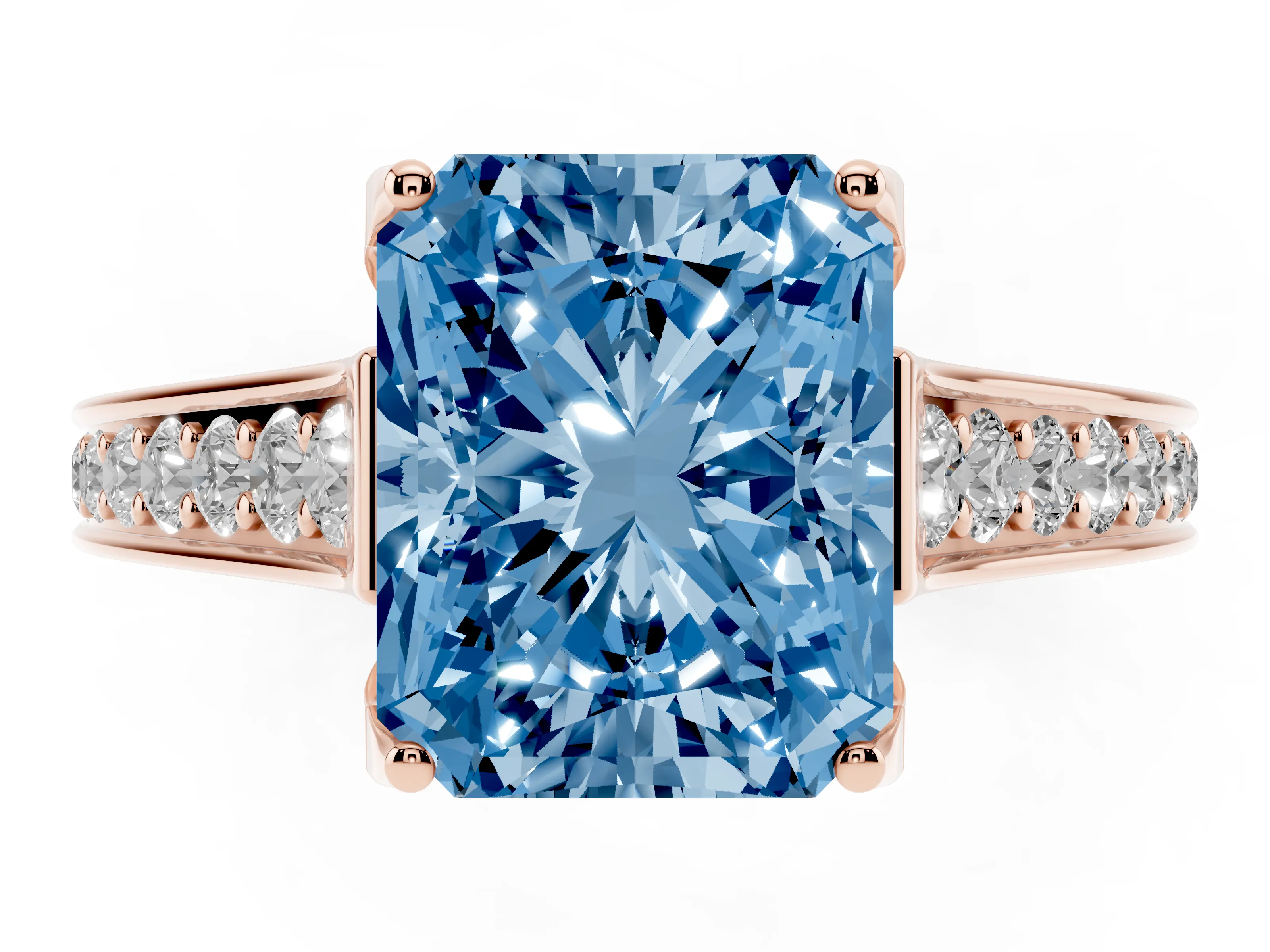 Fancy Blue Radiant Cut Diamond Solitaire Pavé Engagement Ring Set in Rose gold with Prong Setting
