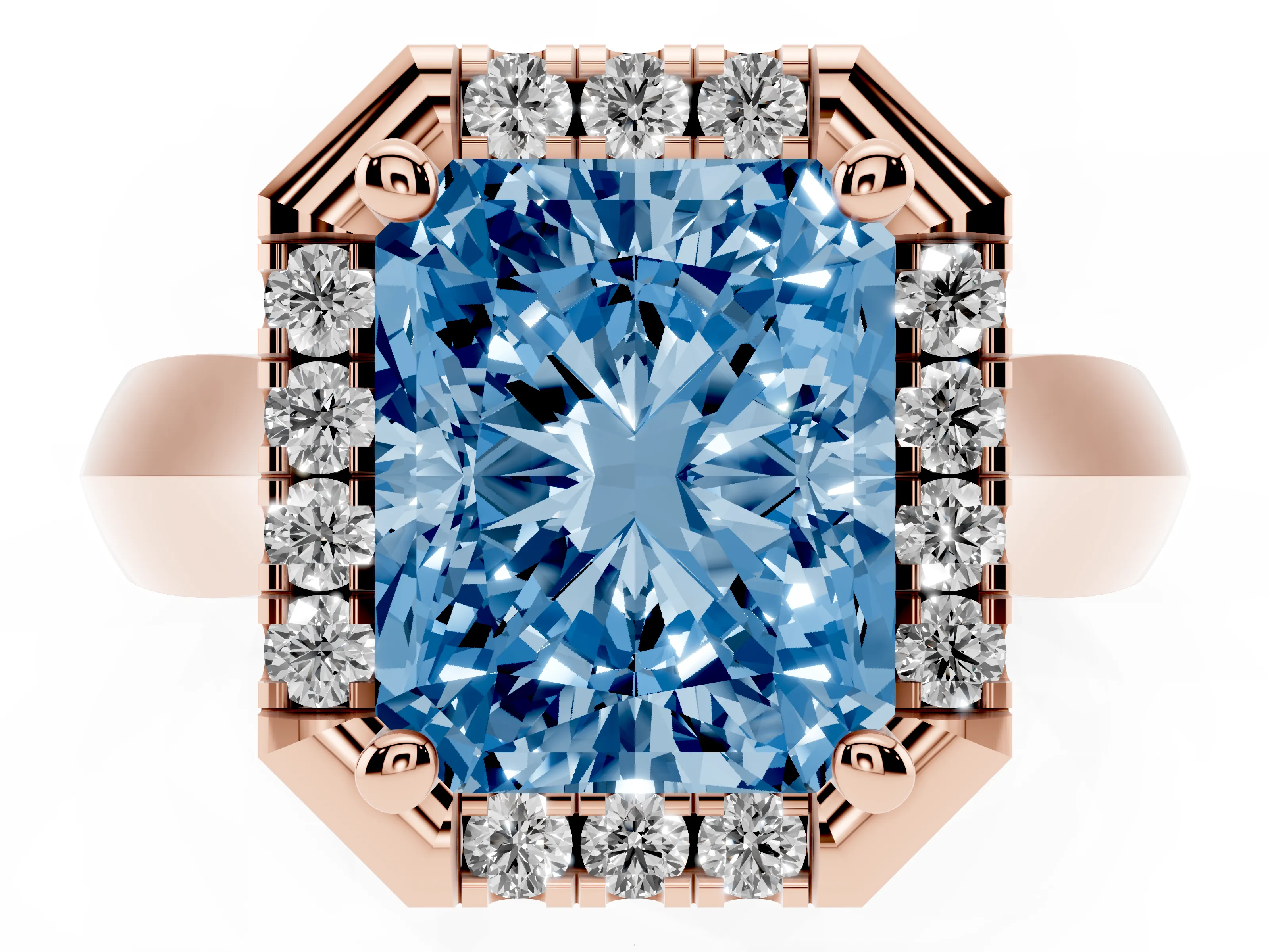 Fancy Blue Radiant Cut Diamond Halo Solitaire Engagement Ring Set in Rose gold with Square Band and Prong Setting