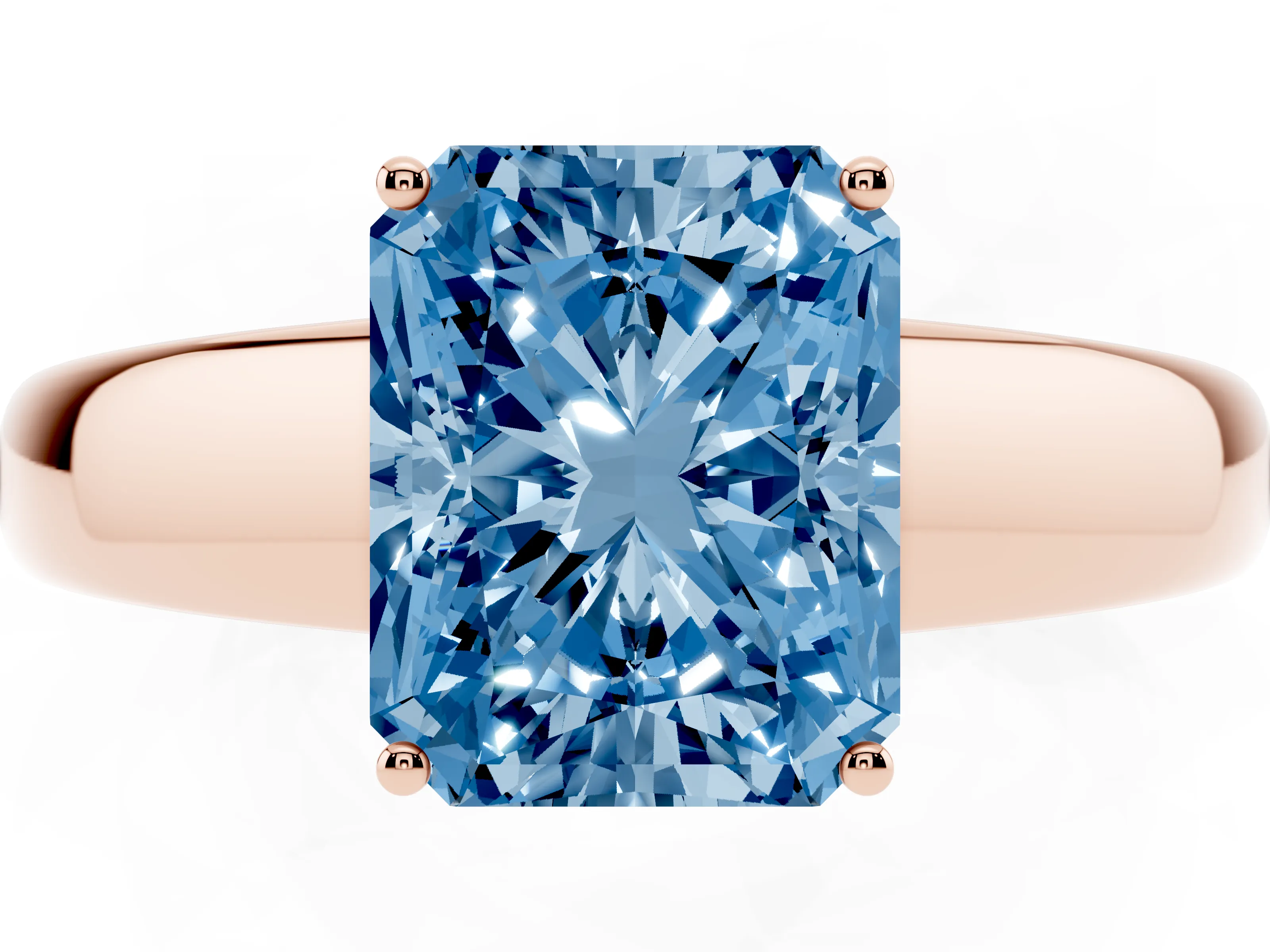 Fancy Blue Radiant Cut Diamond Solitaire Ring Set in Rose gold with Tapered Band and Prong Setting