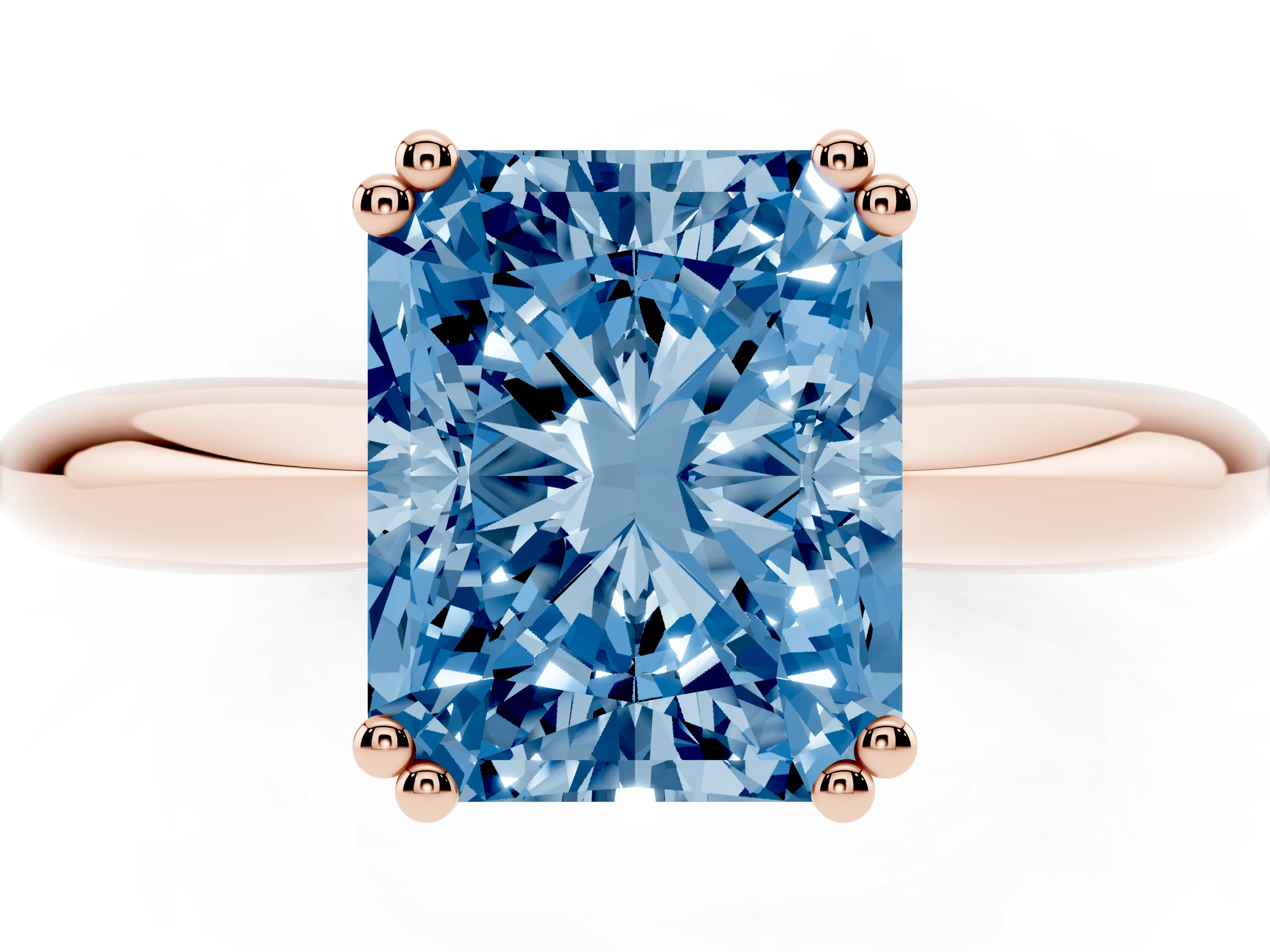 Fancy Blue Radiant Cut Diamond Solitaire Engagement Ring Set in Rose gold with Tapered Band and Prong Setting