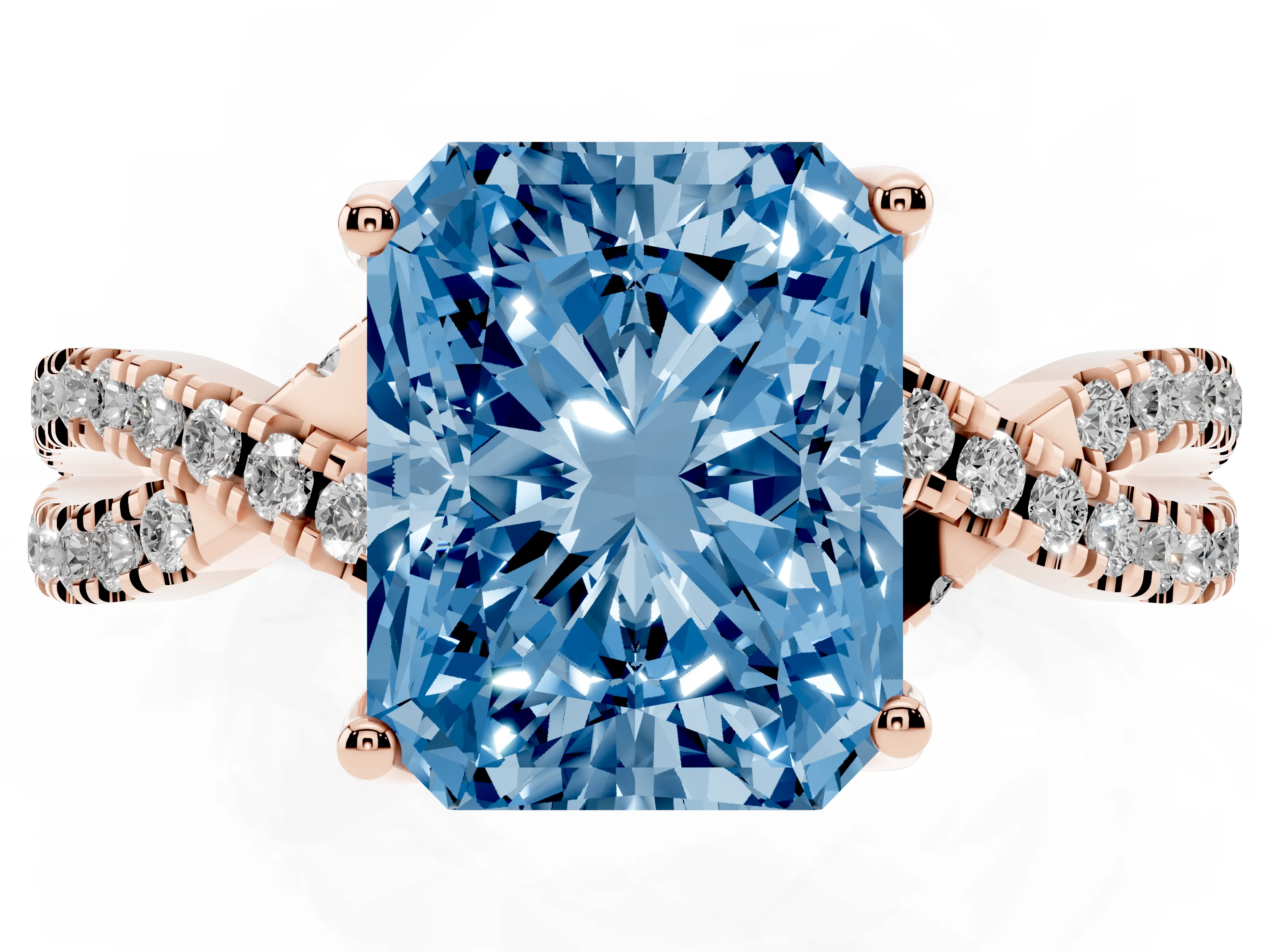 Fancy Blue Radiant Cut Diamond Twist Pavé Solitaire Engagement Ring Set in Rose gold with Prong Setting