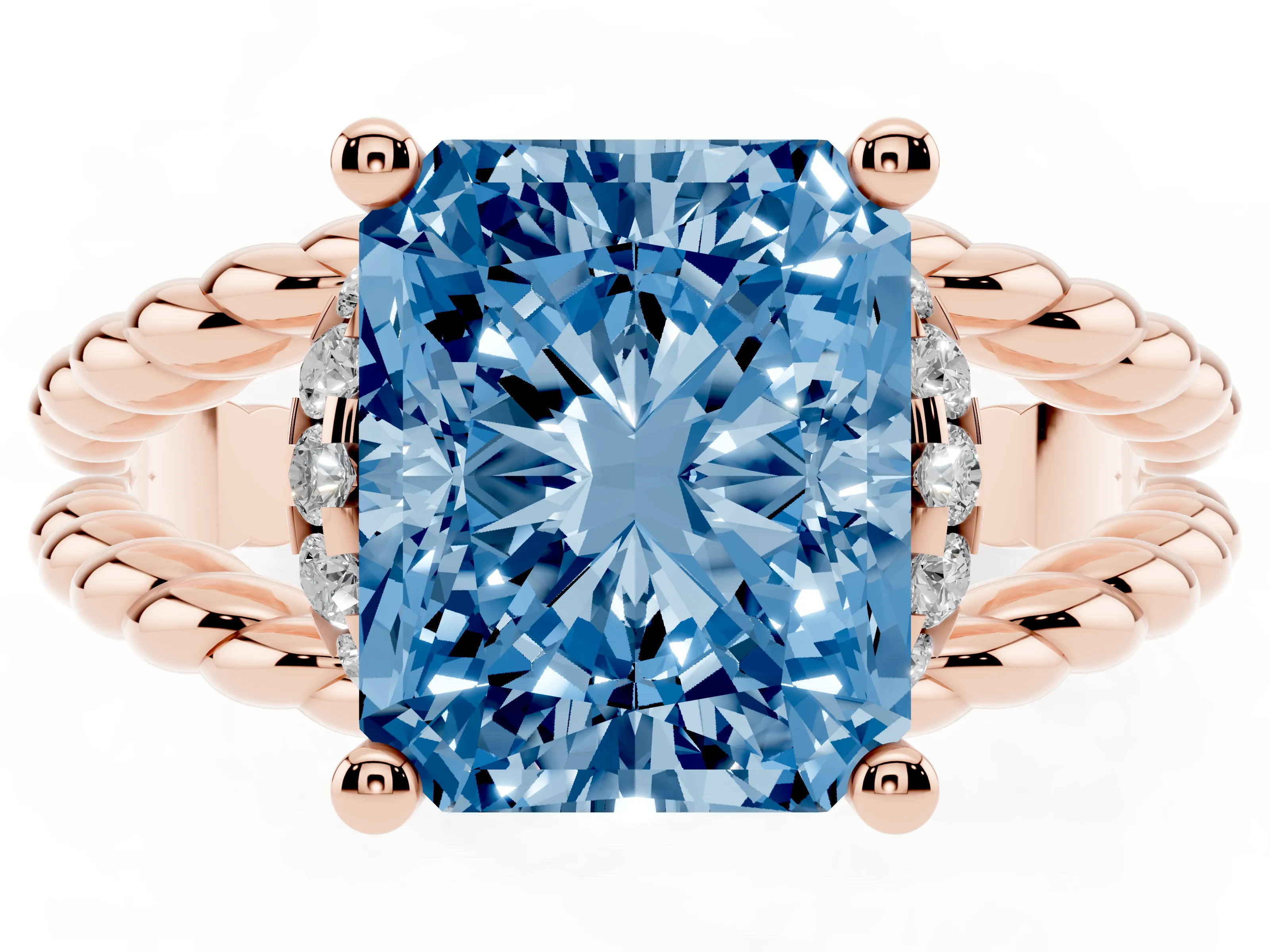 Fancy Blue Radiant Cut Diamond Halo Ring Set in Rose gold with Twisted Band and Prong Setting
