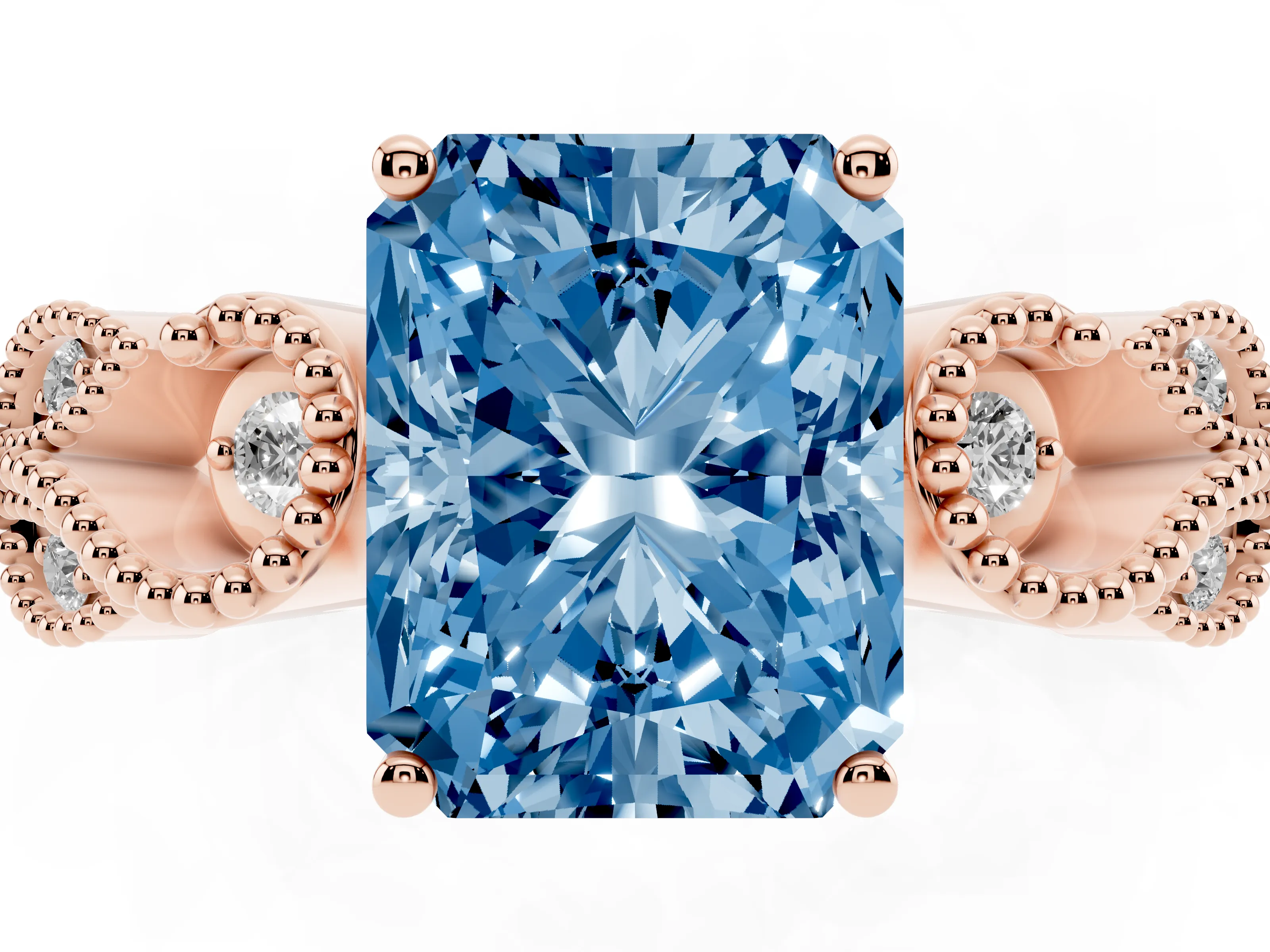 Fancy Blue Radiant Cut Diamond Milgrain Leaf Band Solitaire Ring Set in Rose gold with Accent Stones and Prong Setting