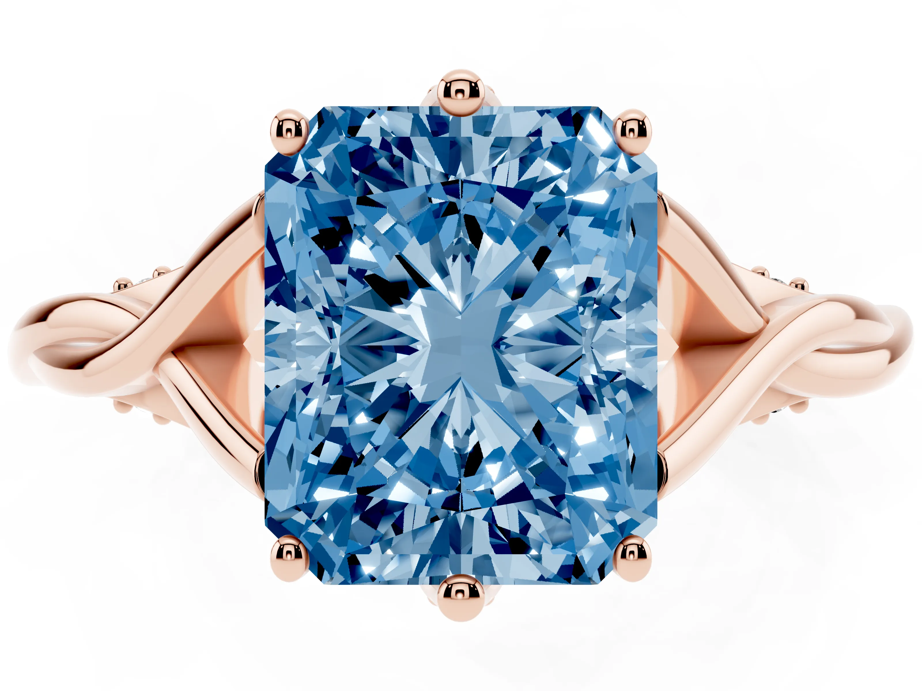 Fancy Blue Radiant Cut Diamond Intertwined Twist Band Solitaire Ring Set in Rose gold with Prong Setting