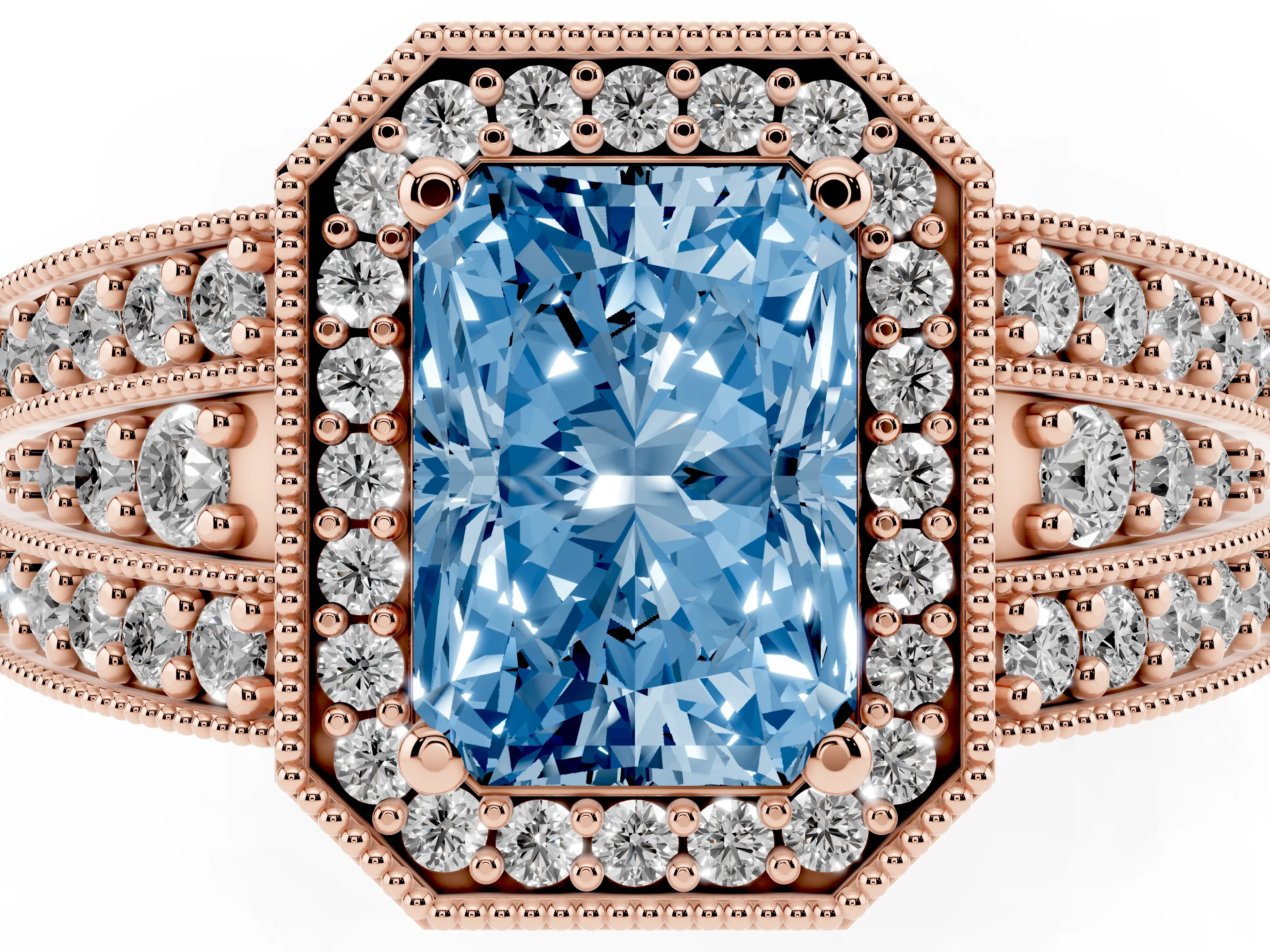 Fancy Blue Radiant Cut Diamond Halo Ring Set in Rose gold with Accent Split Shank and Prong Setting