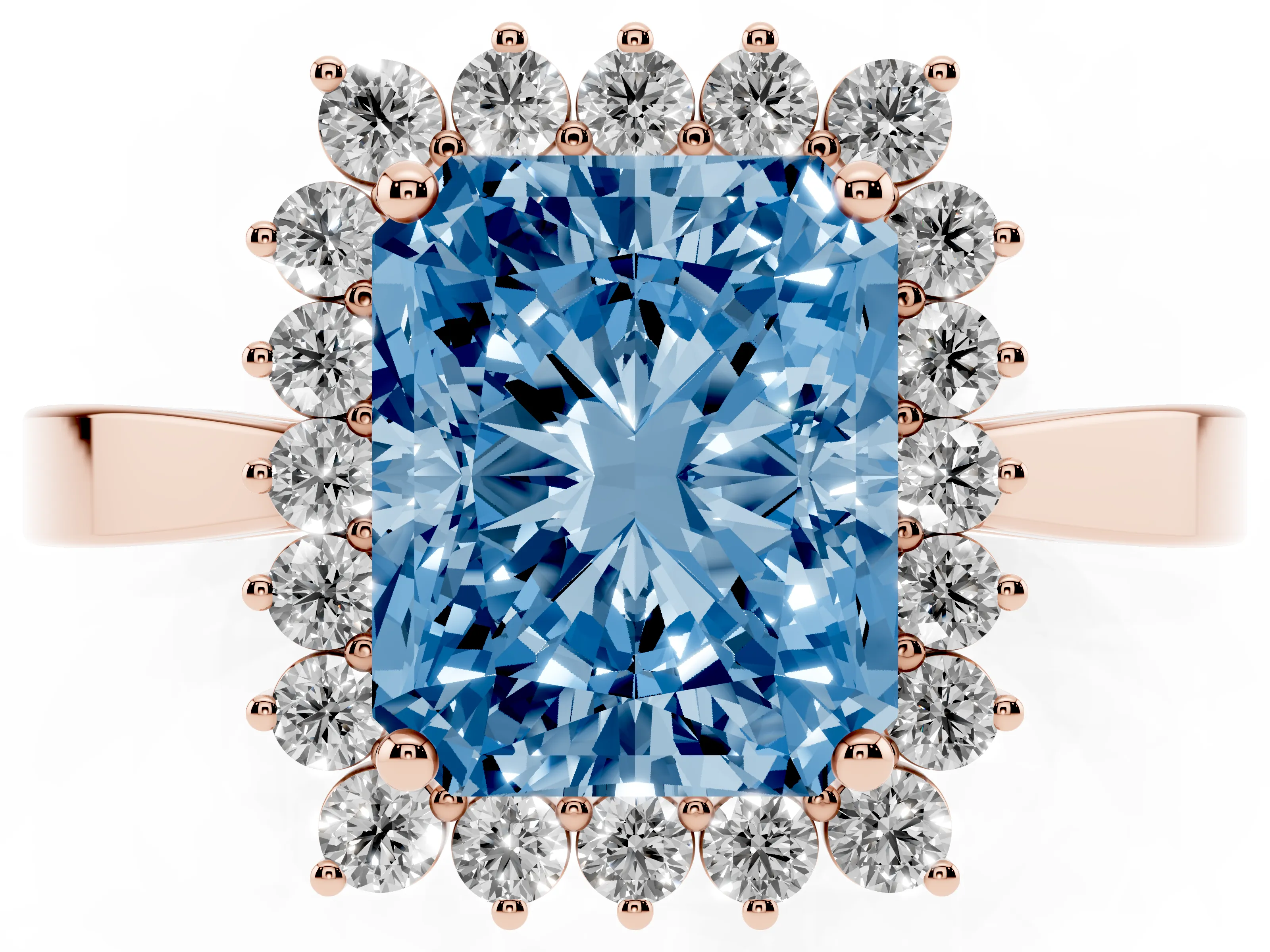 Fancy Blue Radiant Cut Diamond Halo Ring Set in Rose gold with Round Halo and Smooth Solitaire Band