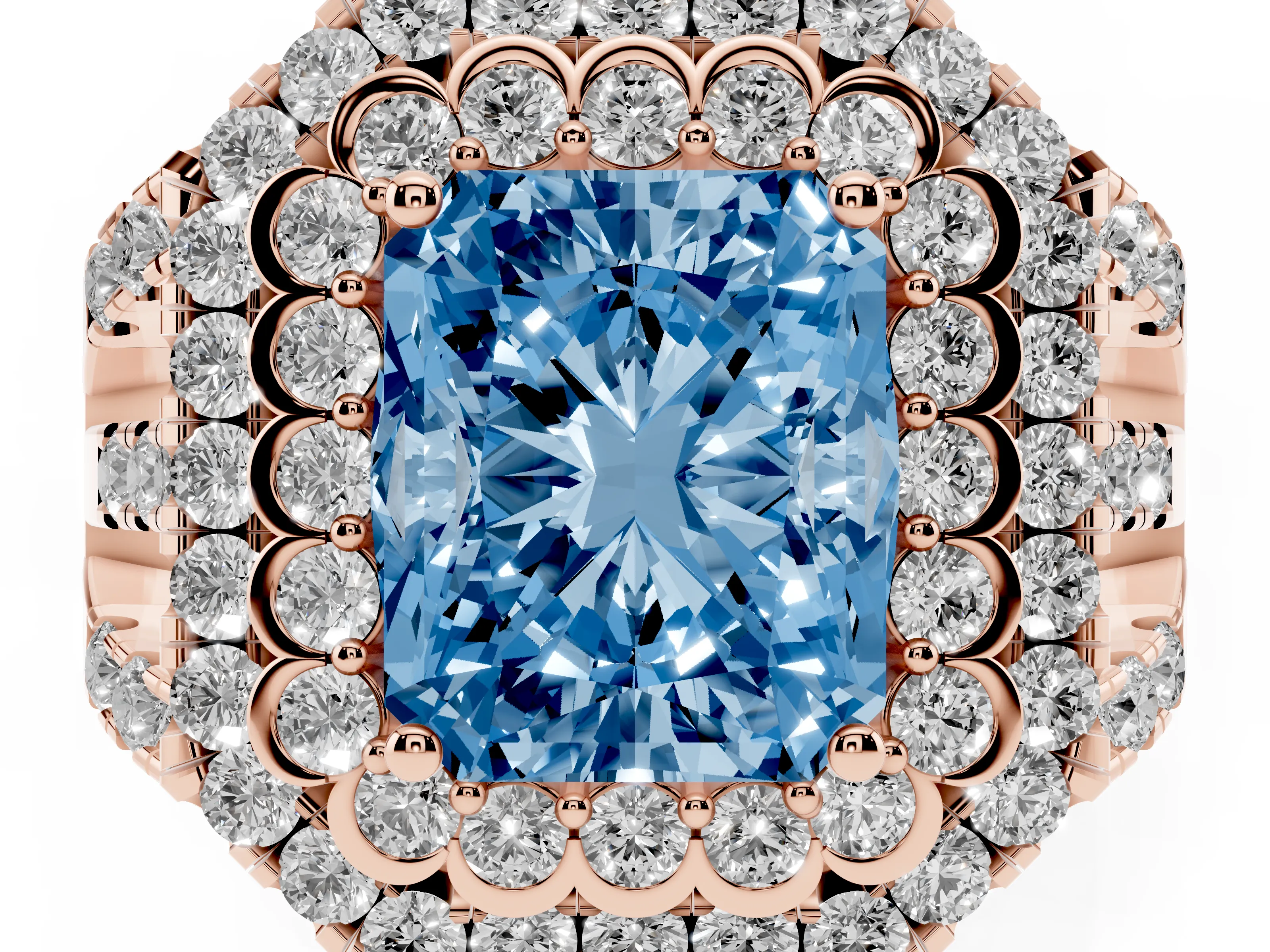 Fancy Blue Radiant Cut Diamond Double Halo Ring Set in Rose gold with Round Pavé Split Shank