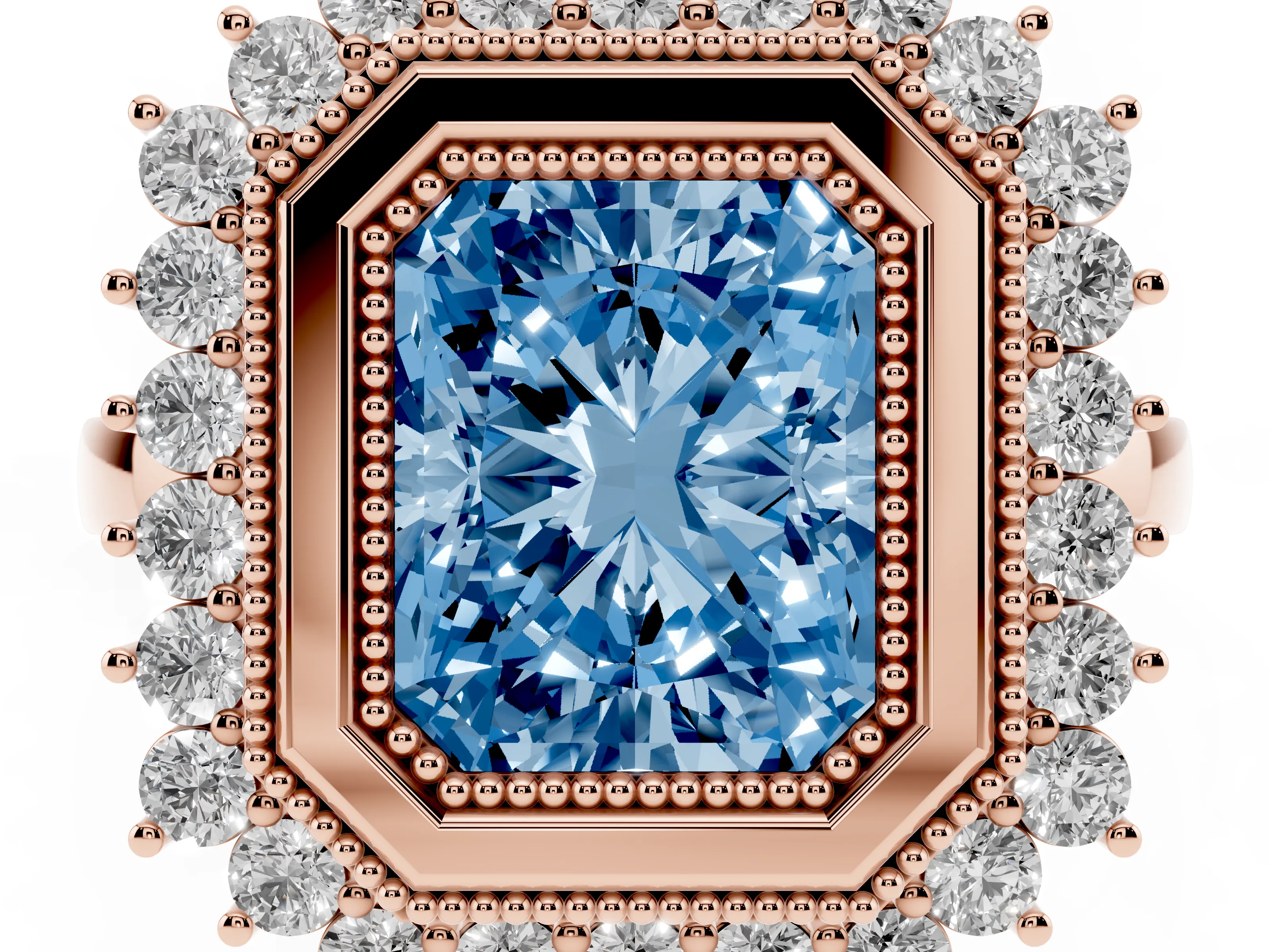 Fancy Blue Radiant Cut Diamond Halo Ring Set in Rose gold with Milgrain Edge and Round Prong Setting