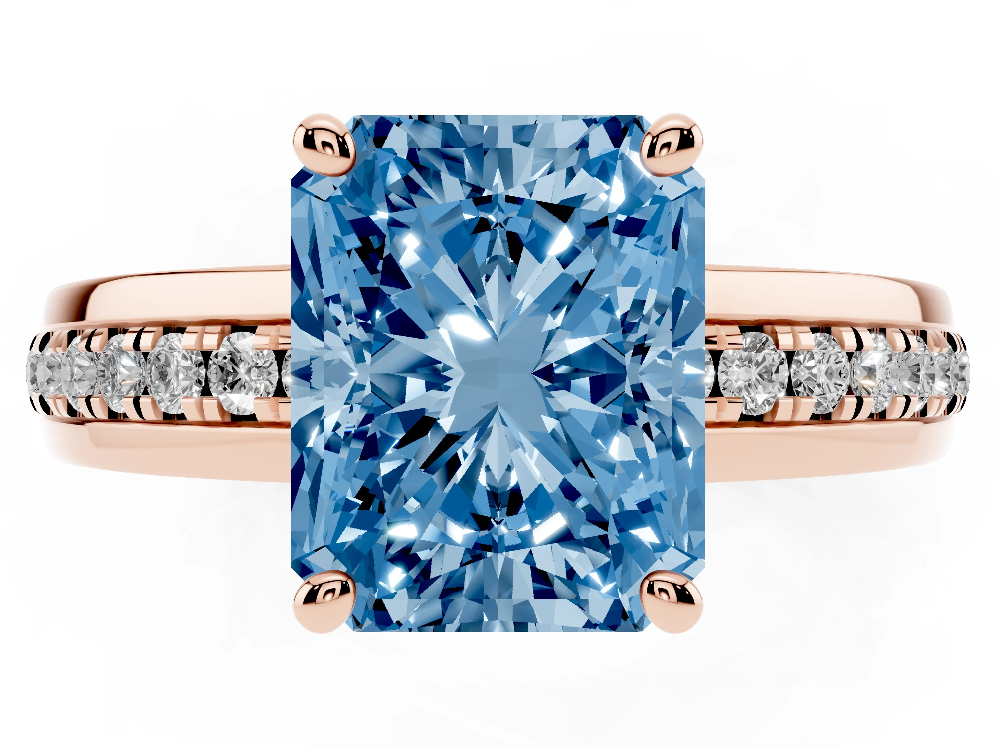 Fancy Blue Radiant Cut Diamond Solitaire Ring Set in Rose gold with Channel Set Band and Prong Setting