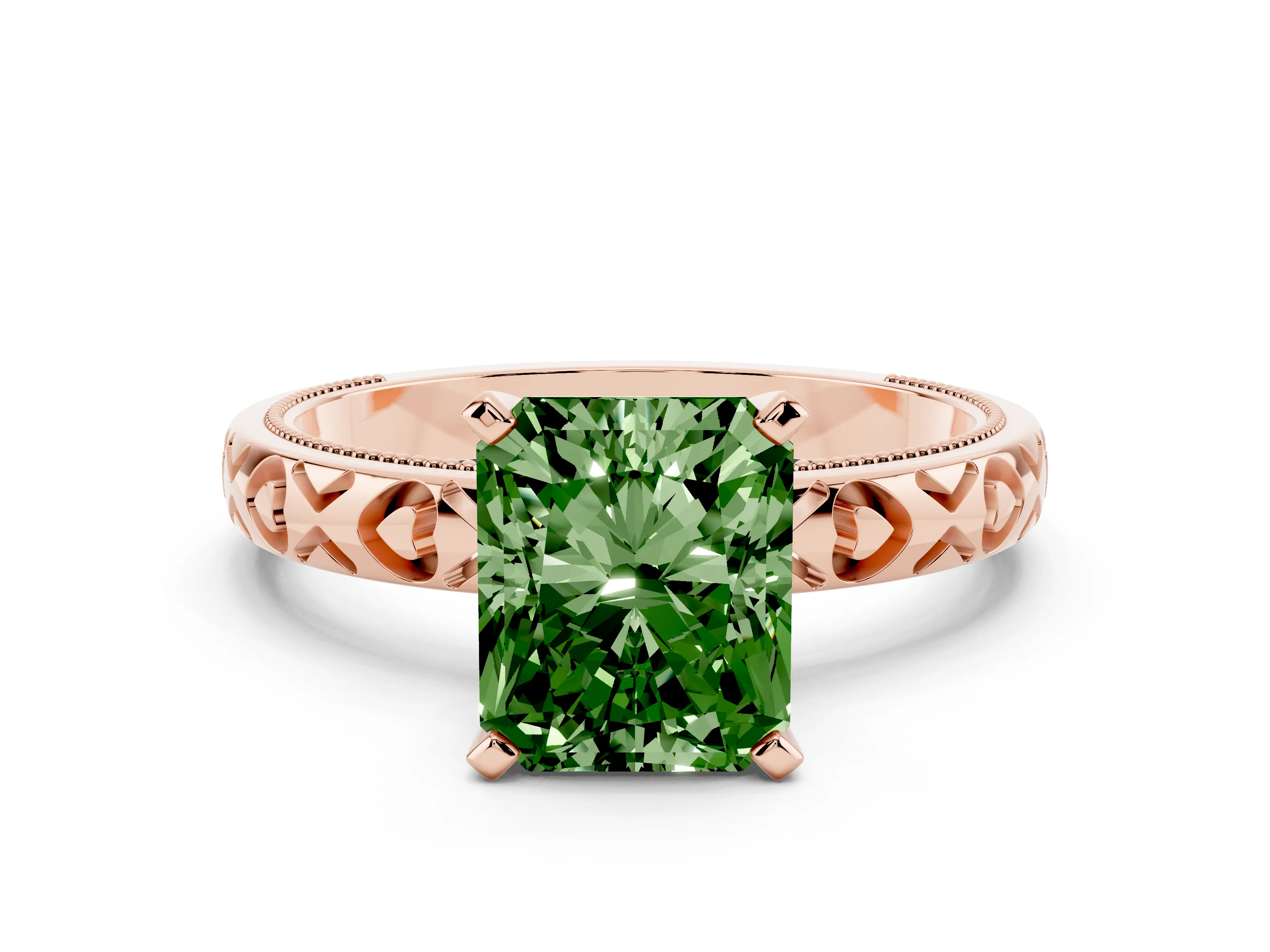 Fancy Green Radiant Cut Diamond Solitaire Engagement Ring Set in Rose gold with XO Engraved Band and Prong Setting