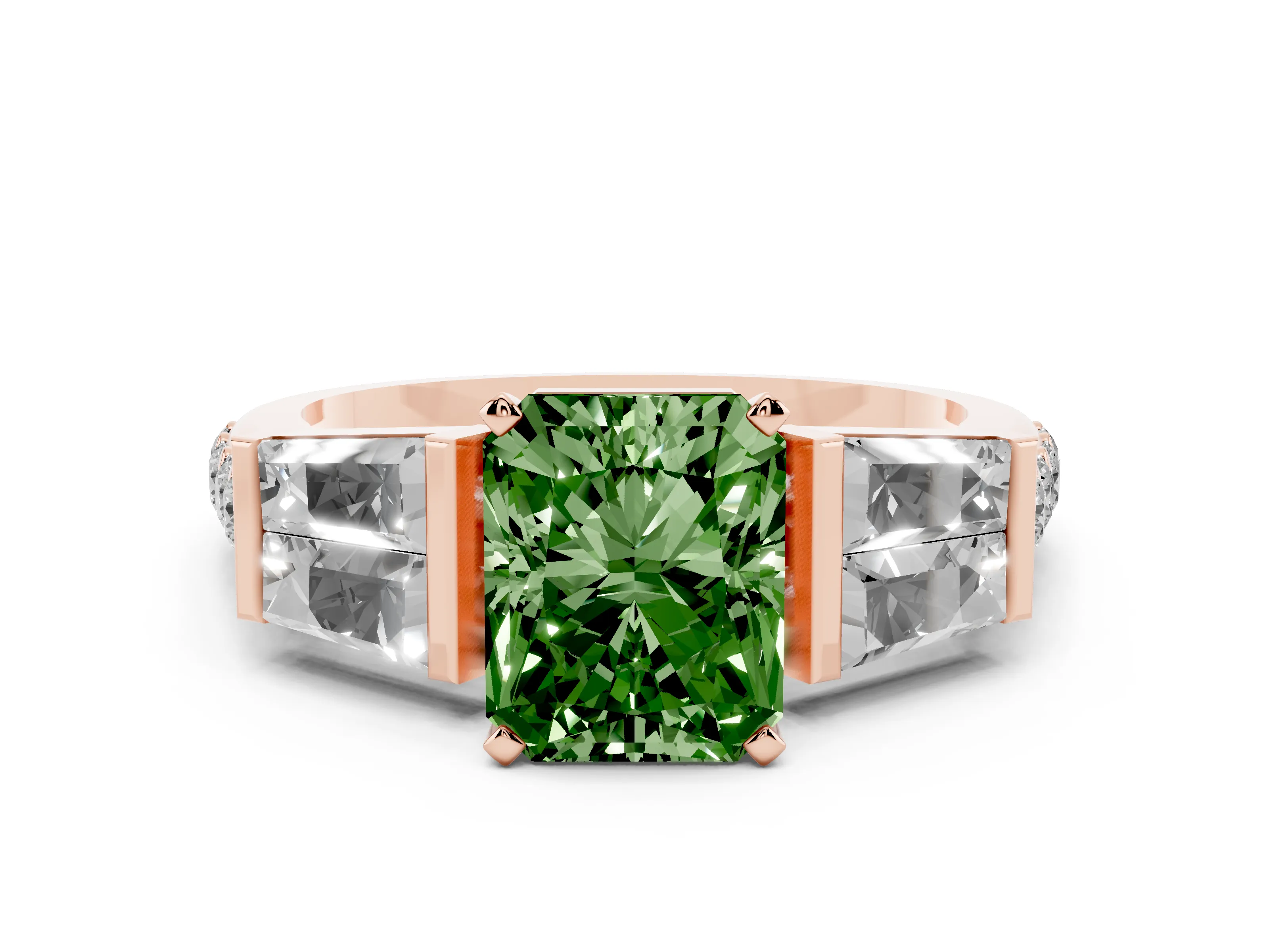 Fancy Green Radiant Cut Diamond Engagement Ring Set in Rose gold with Baguette Side Stones and Channel Set Band
