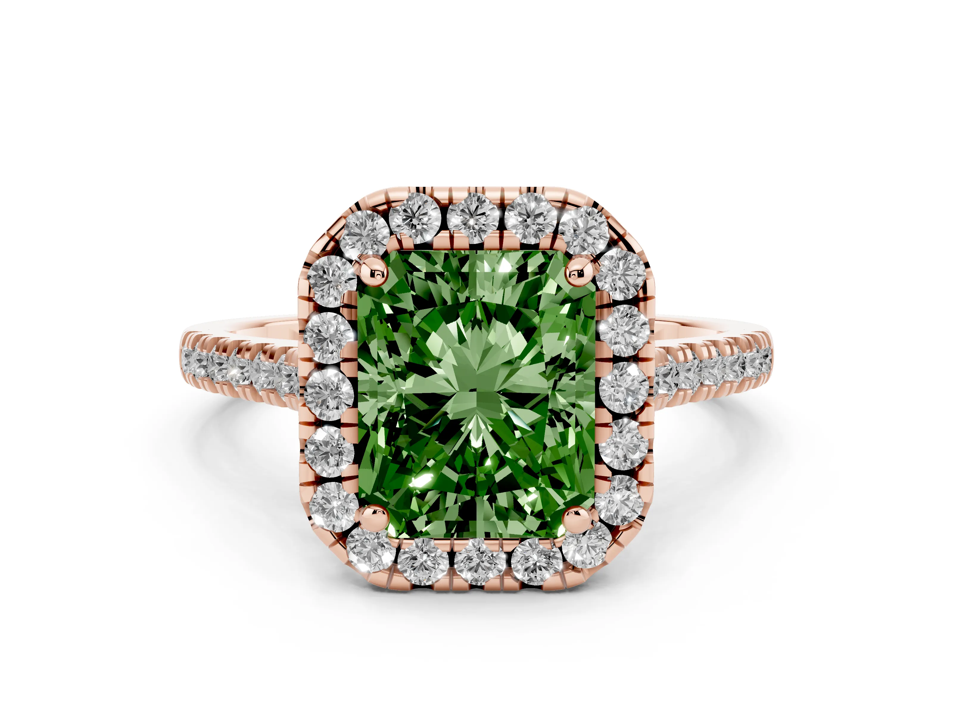 Fancy Green Radiant Cut Diamond Cushion Halo Ring Set in Rose gold with Pavé Band