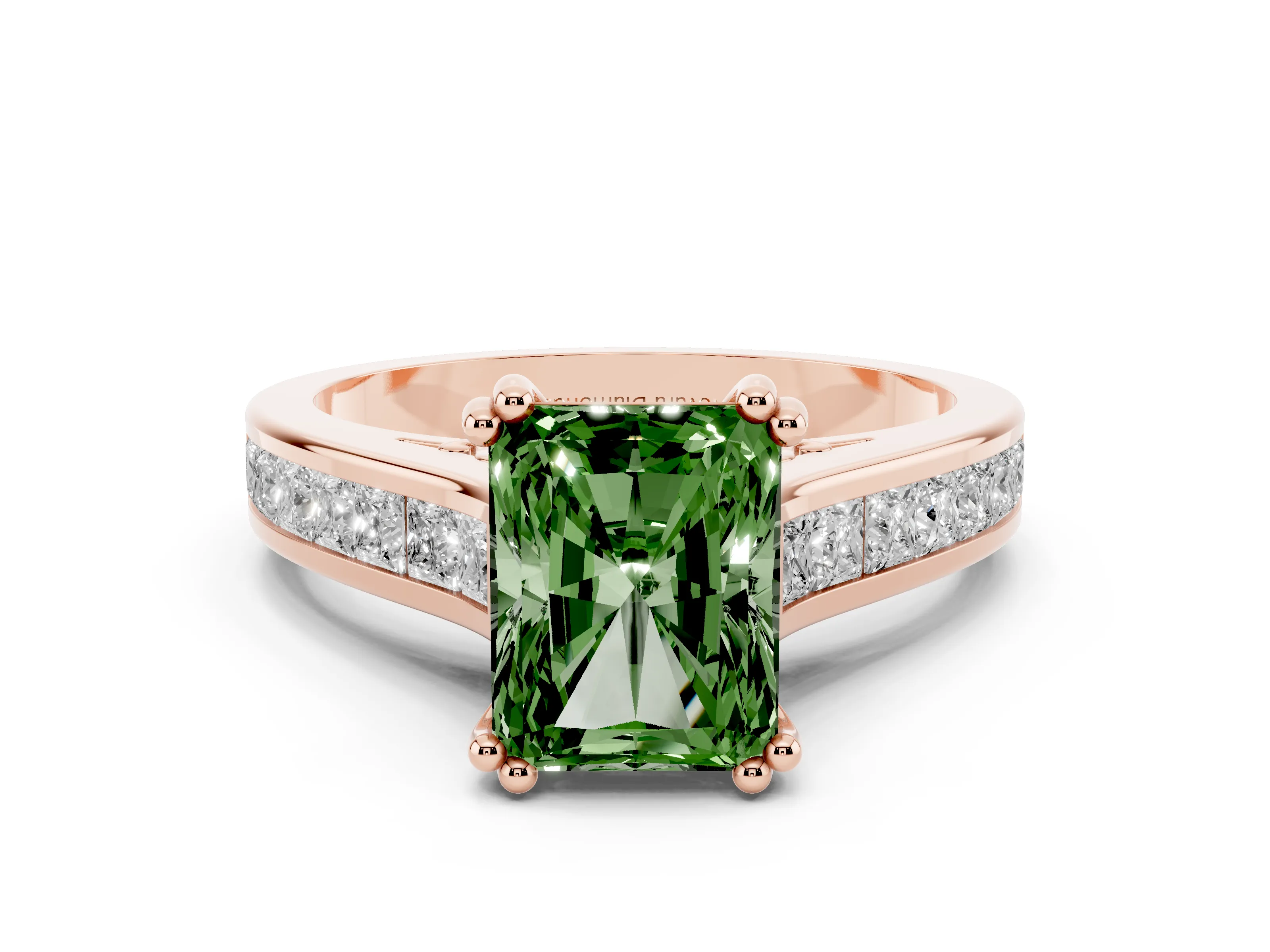 Fancy Green Radiant Cut Diamond Channel Set Solitaire Engagement Ring Set in Rose gold with Prong Setting