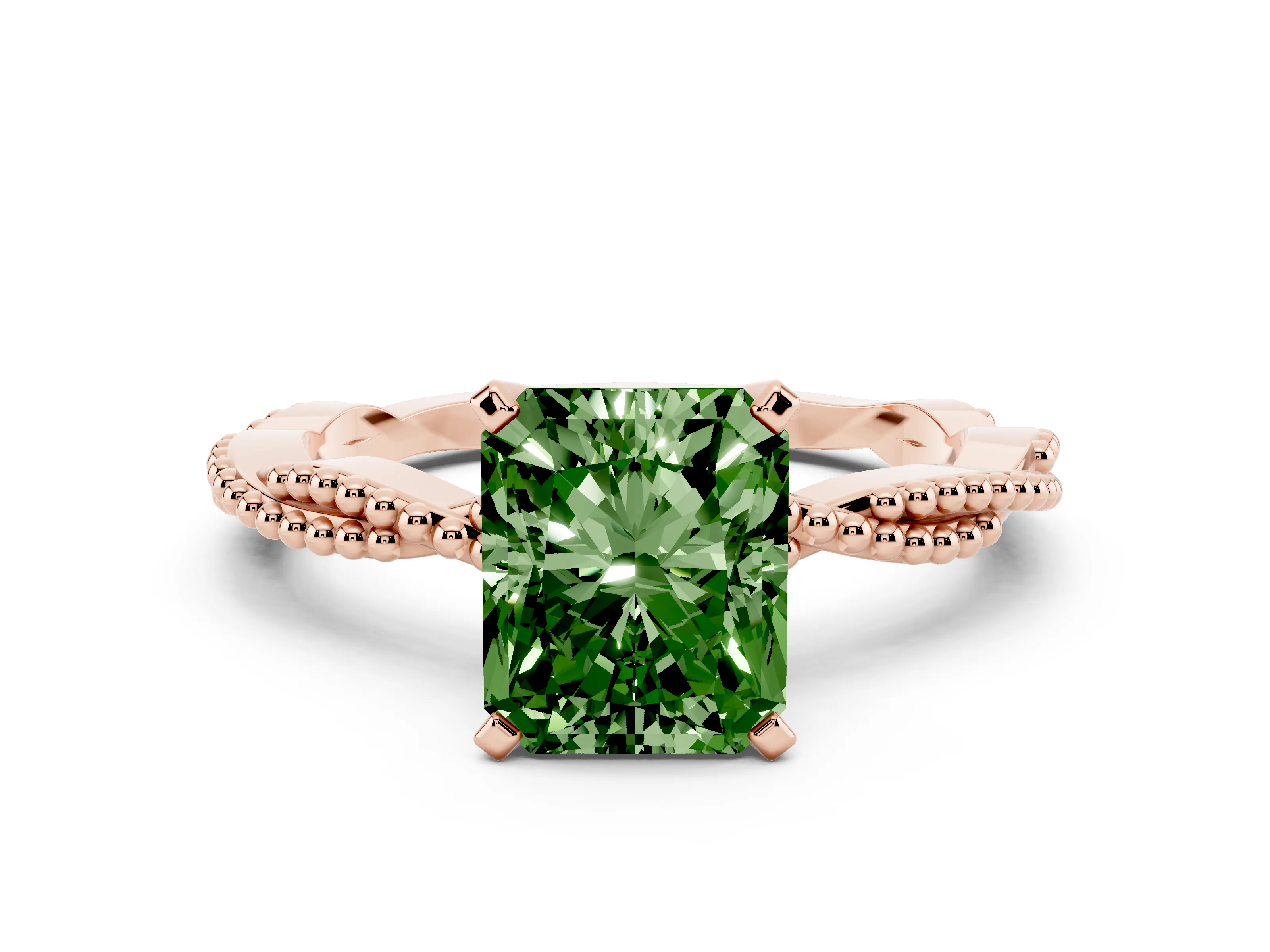 Fancy Green Radiant Cut Diamond Solitaire Ring Set in Rose gold with Twisted Band and Bead Prong Setting