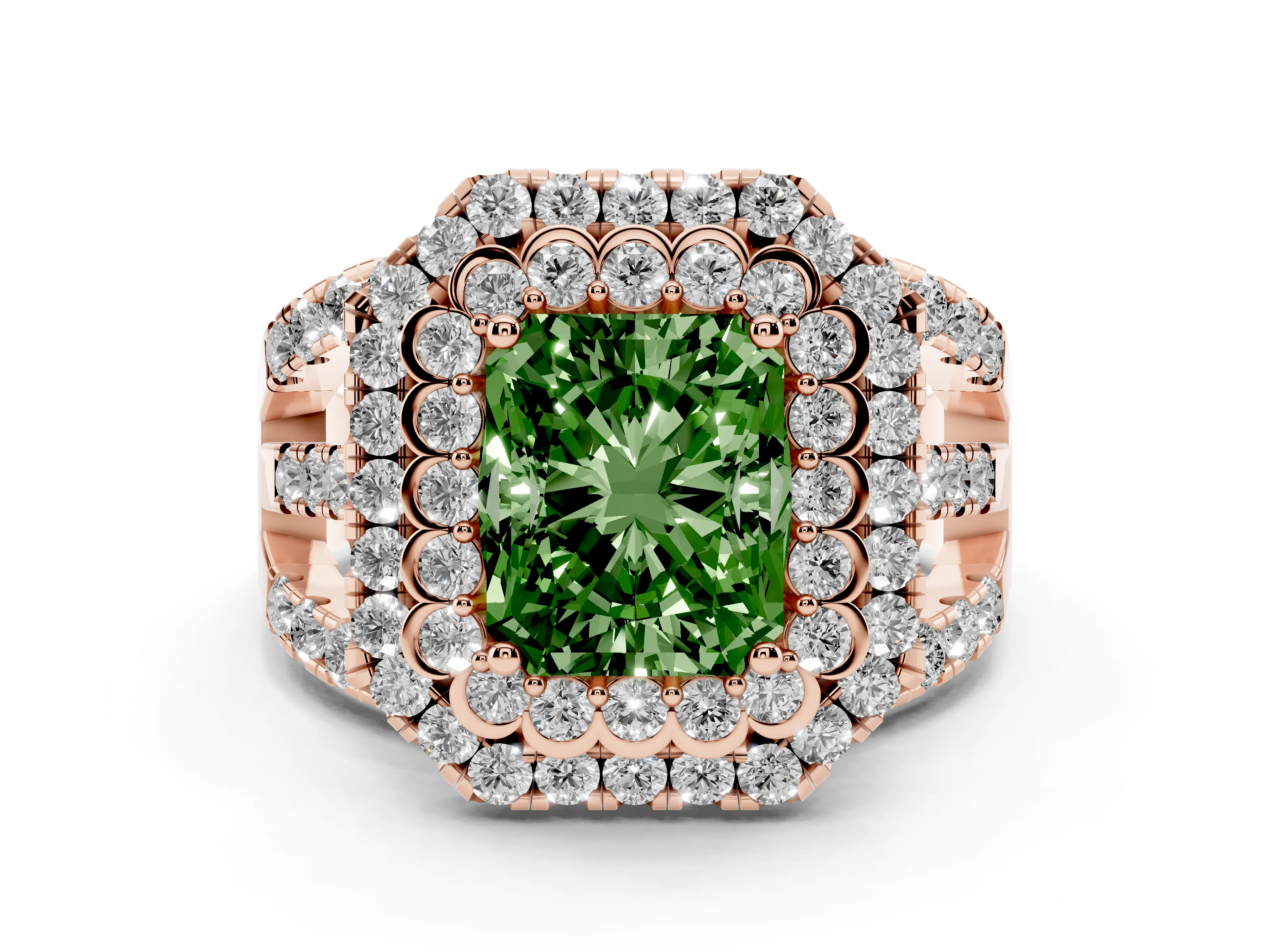 Fancy Green Radiant Cut Diamond Double Halo Ring Set in Rose gold with Round Pavé Split Shank