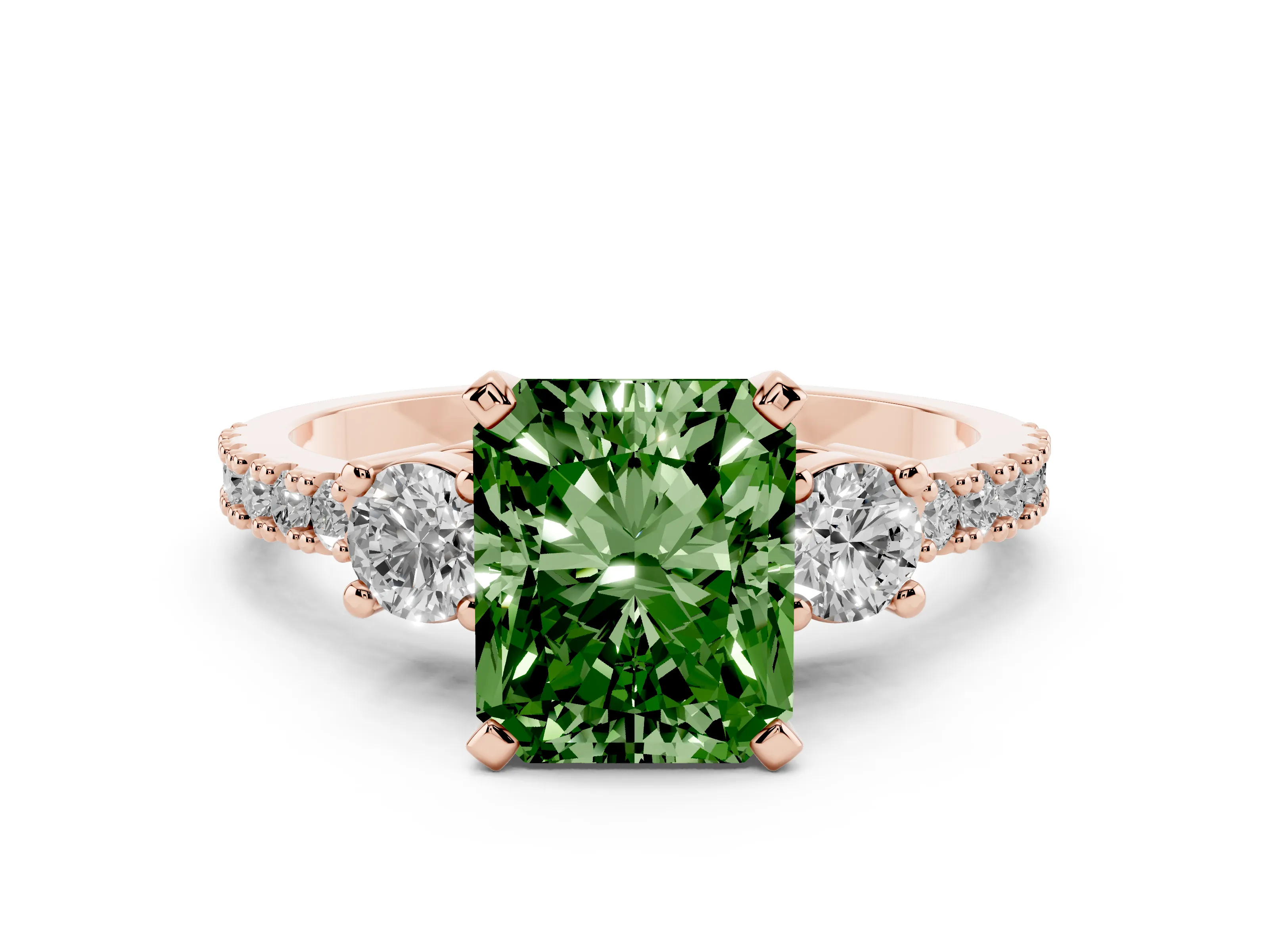 Fancy Green Three-Stone Radiant Cut Diamond Pavé Band Ring Set in Rose gold with Prong Setting