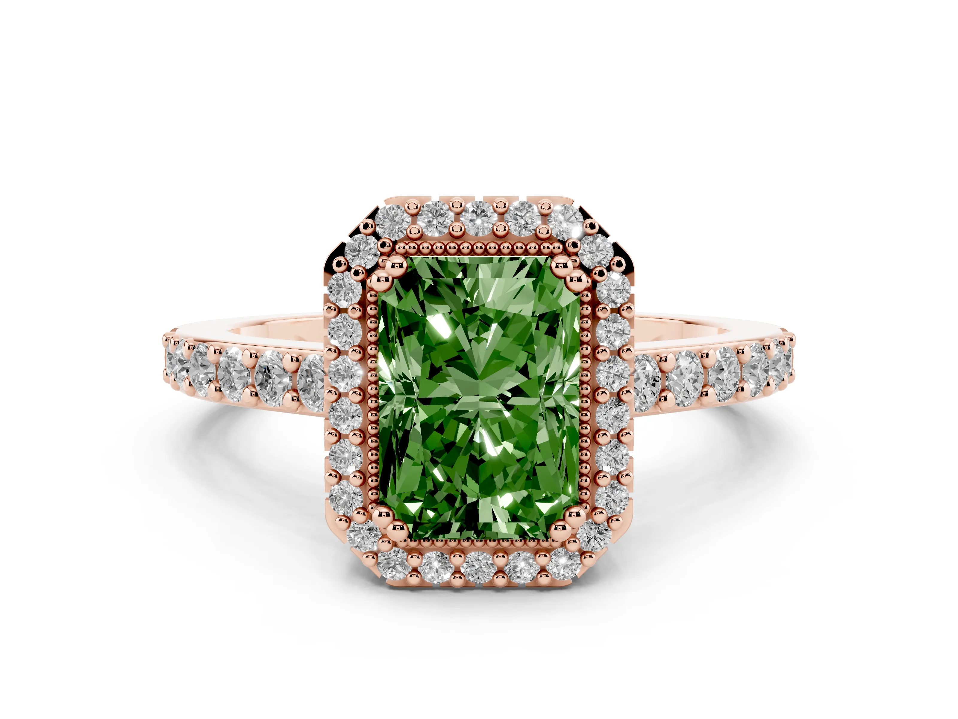 Fancy Green Radiant Cut Diamond Halo Engagement Ring Set in Rose gold with Milgrain Detail and Pavé Band