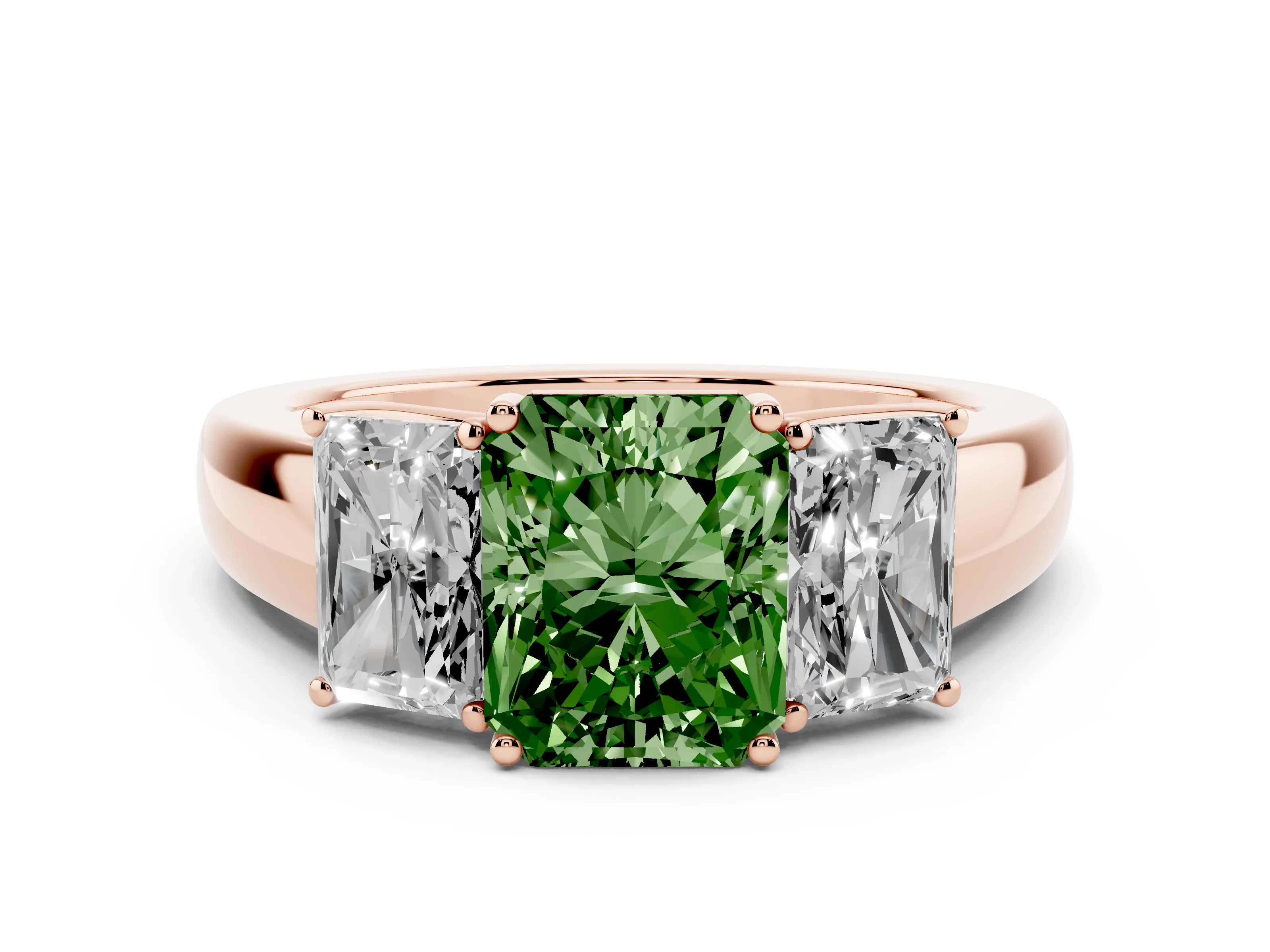 Fancy Green Three-Stone Radiant Cut Diamond Ring Set in Rose gold with Matching Prong Settings and Plain Band