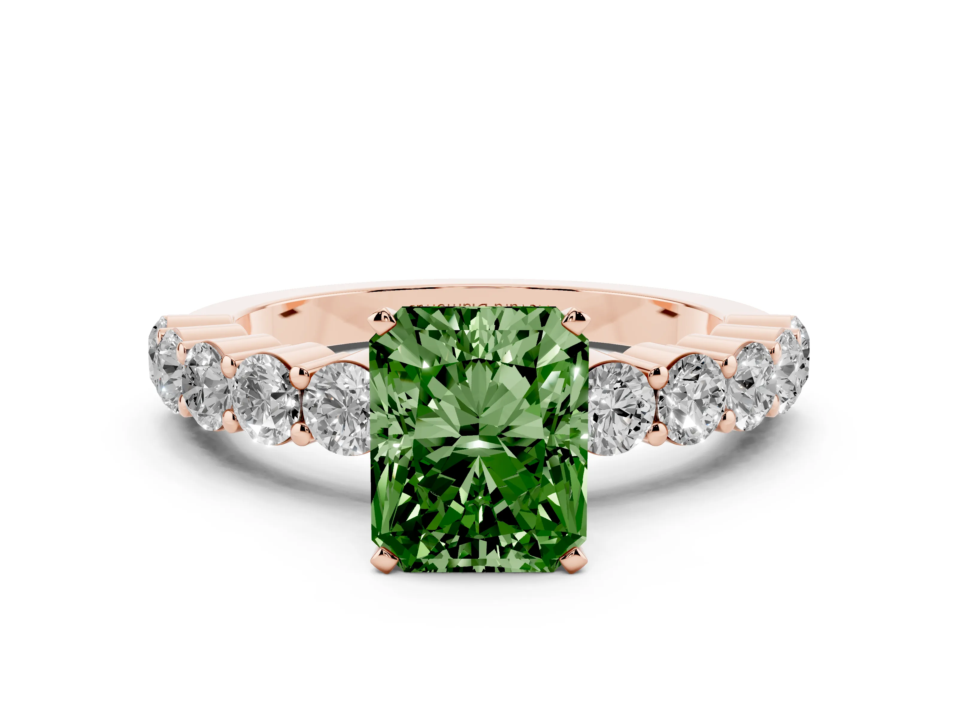 Fancy Green Radiant Cut Diamond Solitaire Ring Set in Rose gold with Shared Prong Round Side Stones