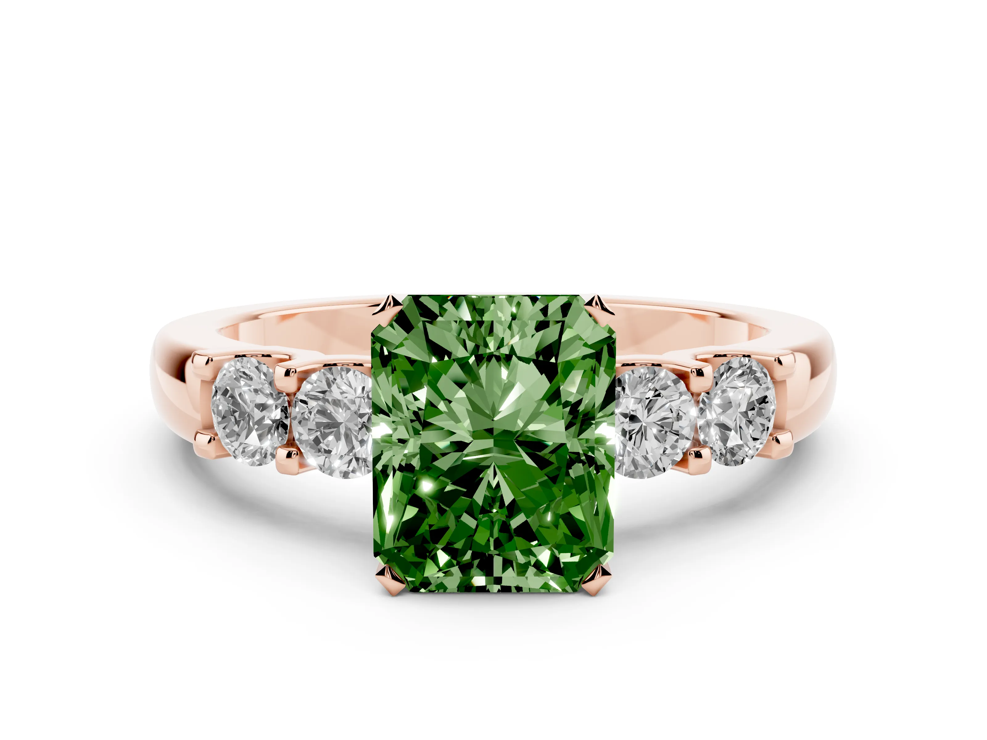 Fancy Green Radiant Cut Diamond Five-Stone Prong Set Engagement Ring Set in Rose gold with Channel Band